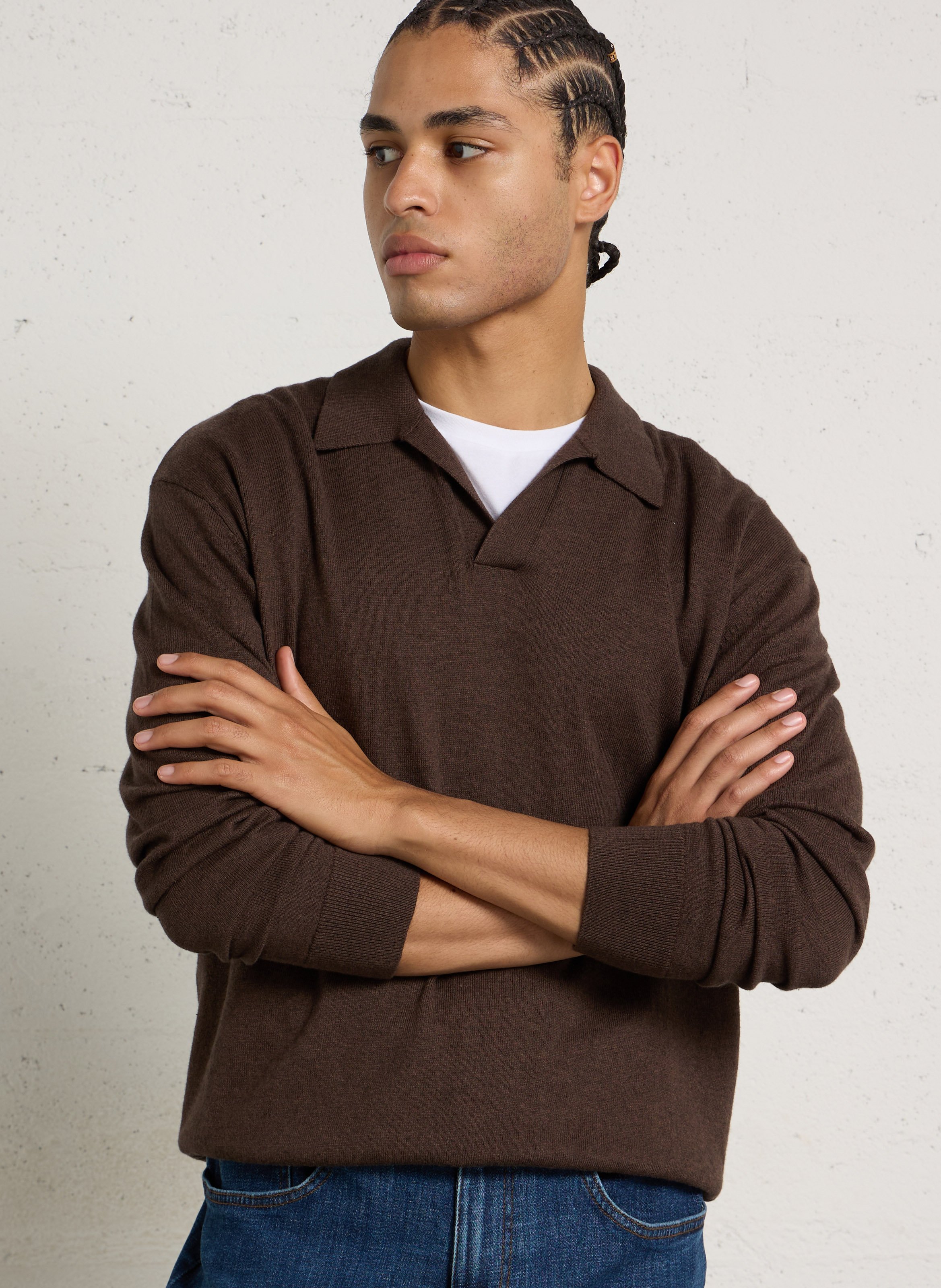 Pull droit en coton et cachemire IKKS Marron
