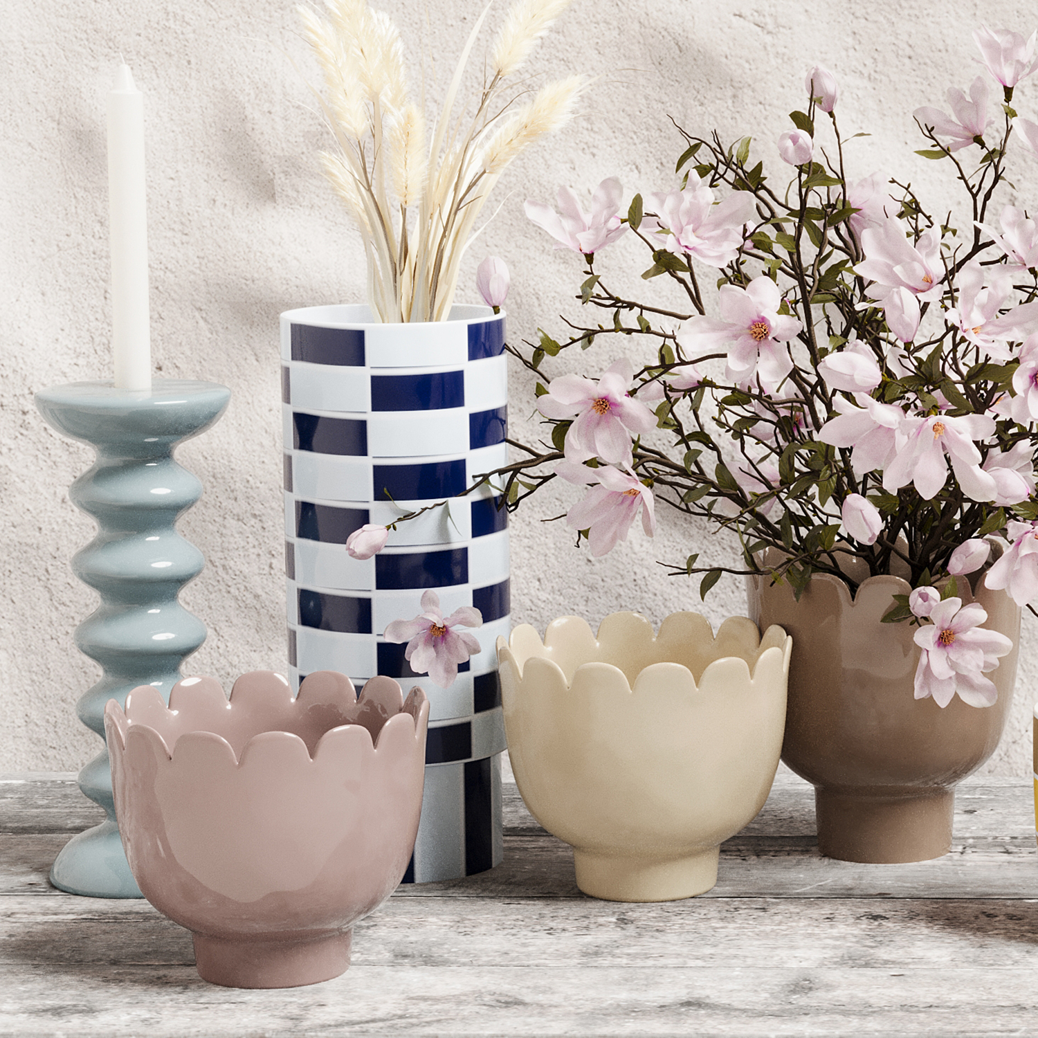 Ceramic tube vase with checkerboard pattern POTIRON PARIS Blue