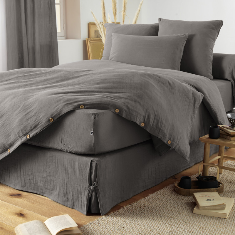 "Gaïa" cotton gauze bed skirt for all sizes L'EFFET PAPILLON Grey