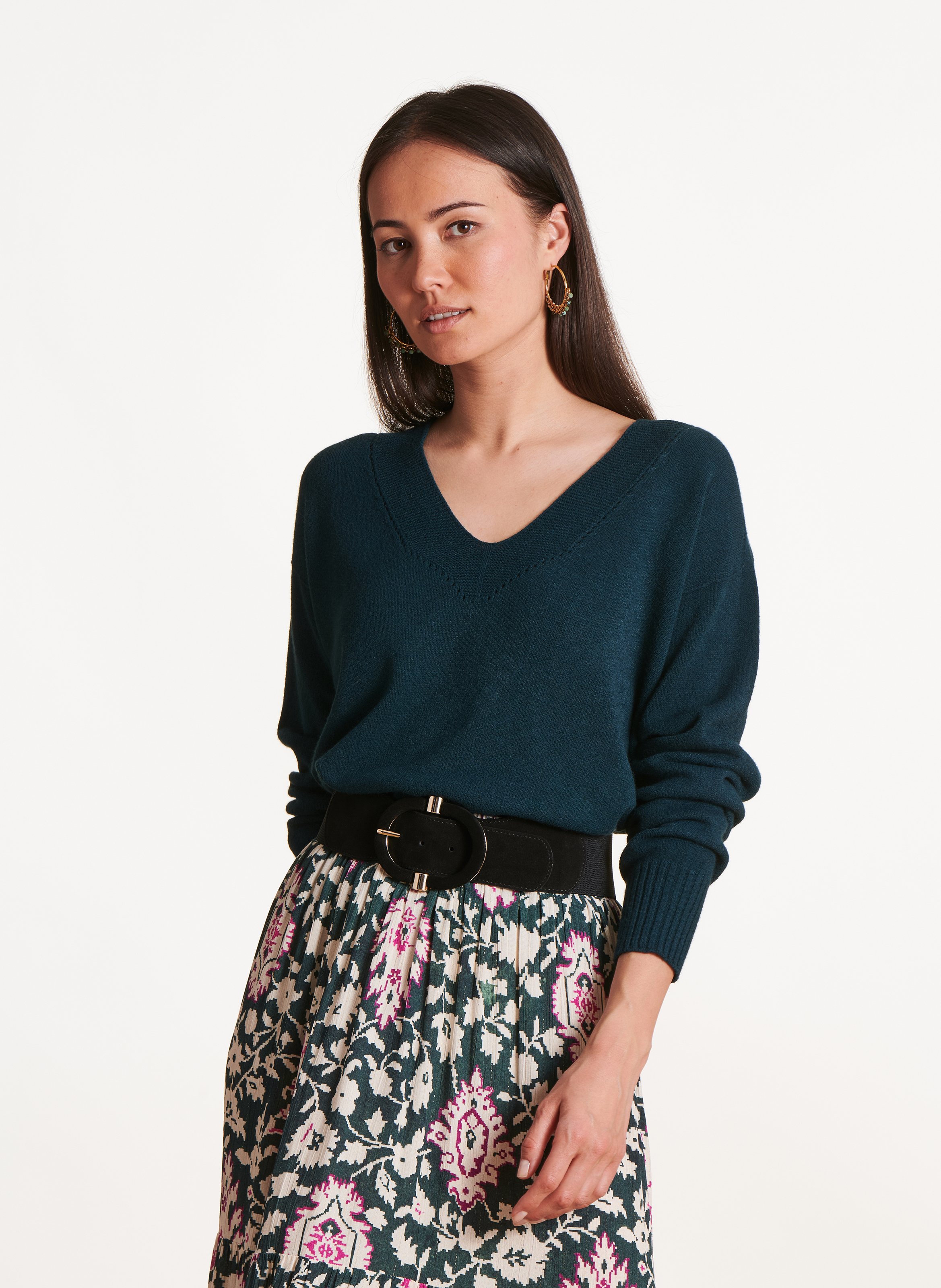 Weiter Strick-Mix-Pullover mit V-Ausschnitt LA FEE MARABOUTEE