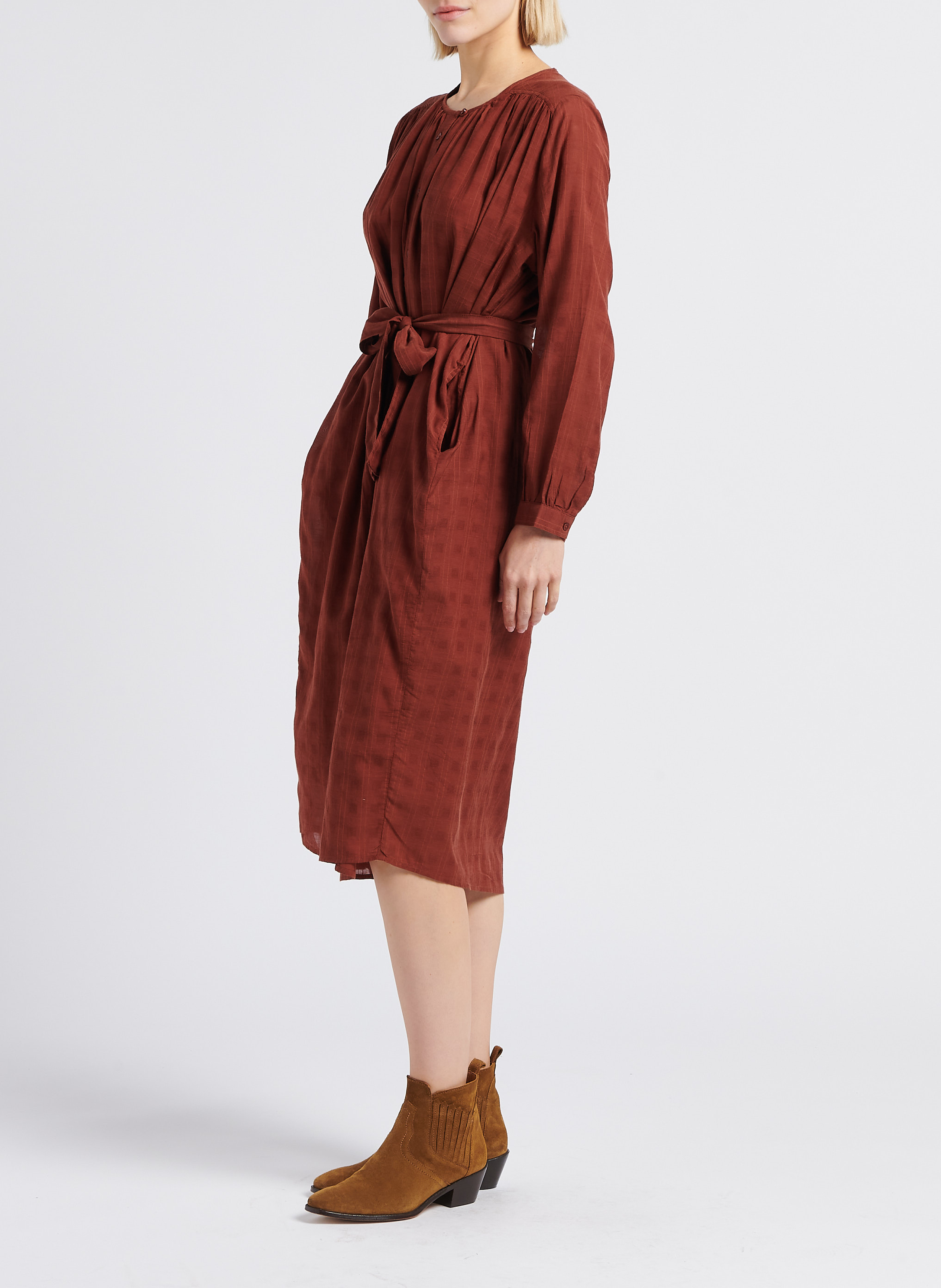 Robe mi-longue col rond en coton mélangé BELLEPIECE Marron