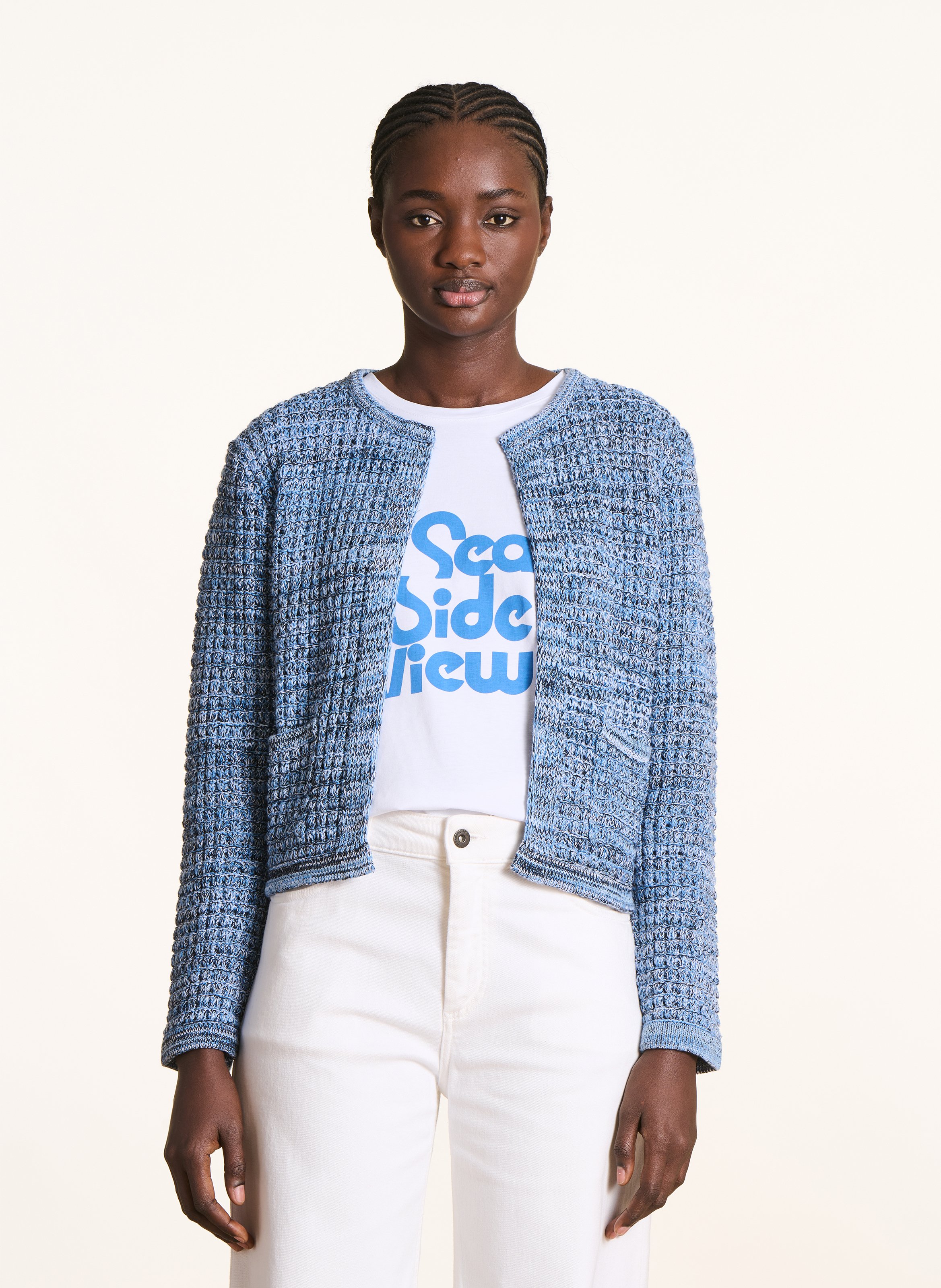 Gilet court en maille chinée LA FEE MARABOUTEE Bleu