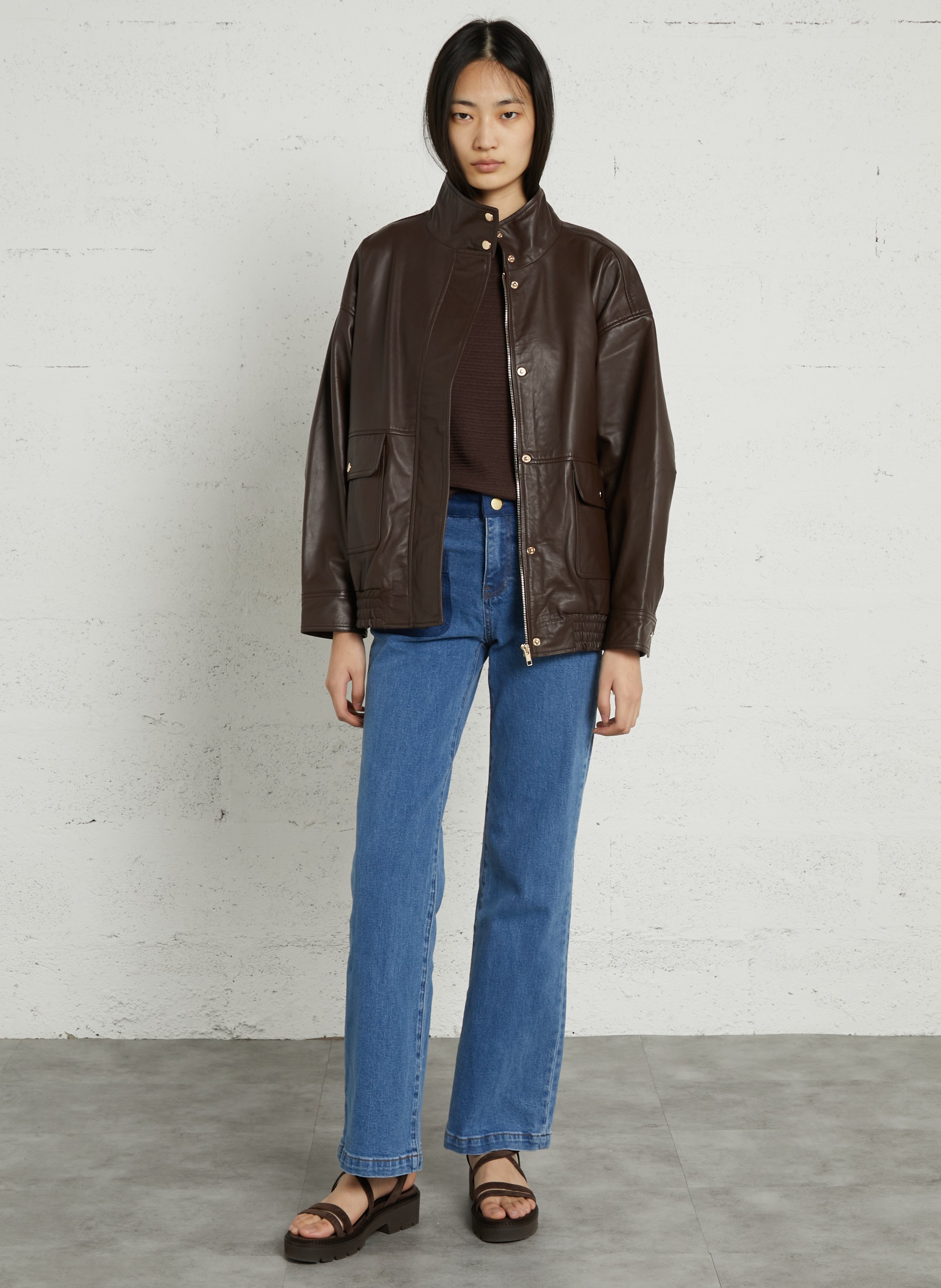 Blouson col monrant en cuir LA PETITE ETOILE Marron