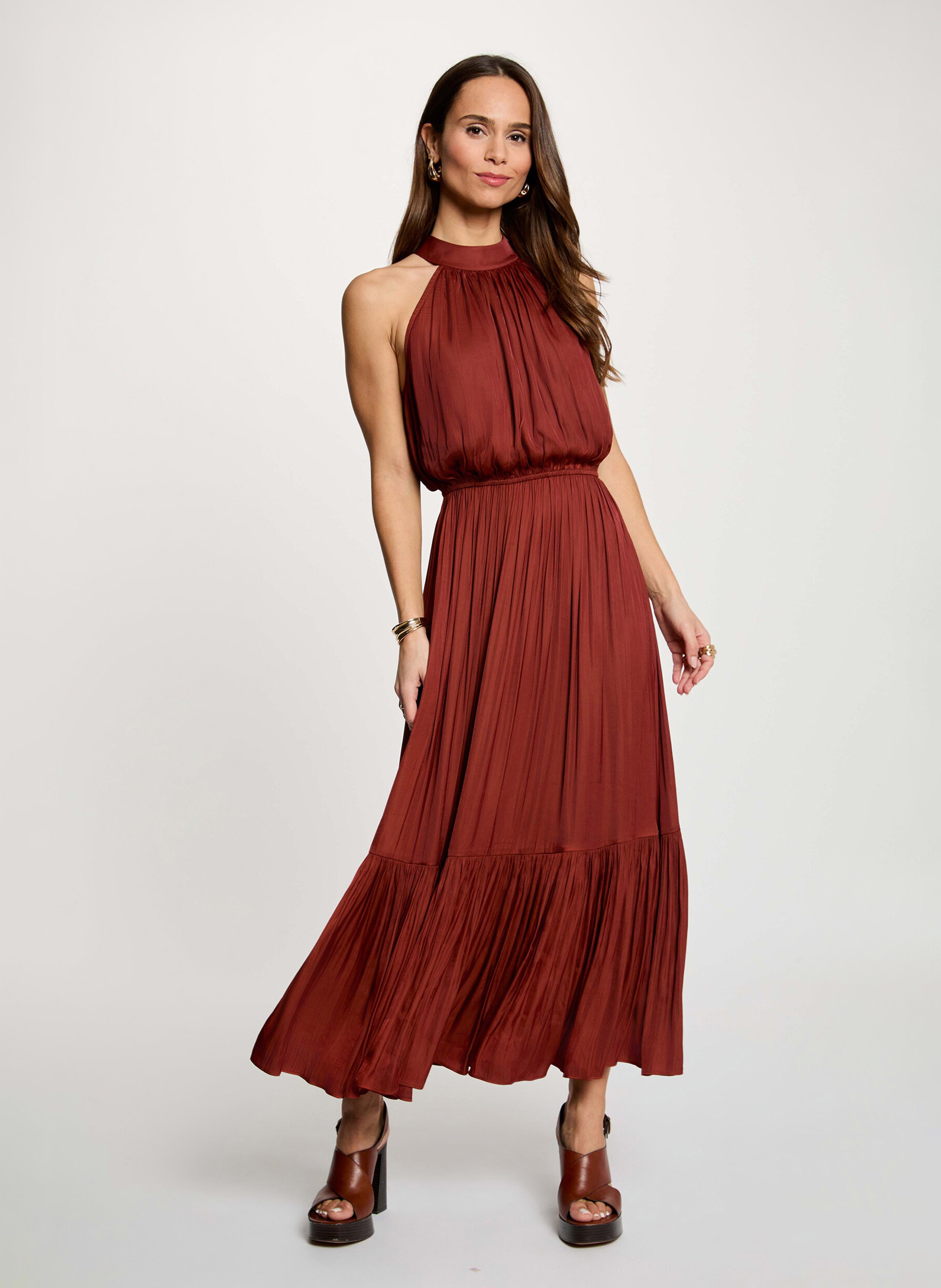 Robe longue évasée col ras du cou MORGAN Marron