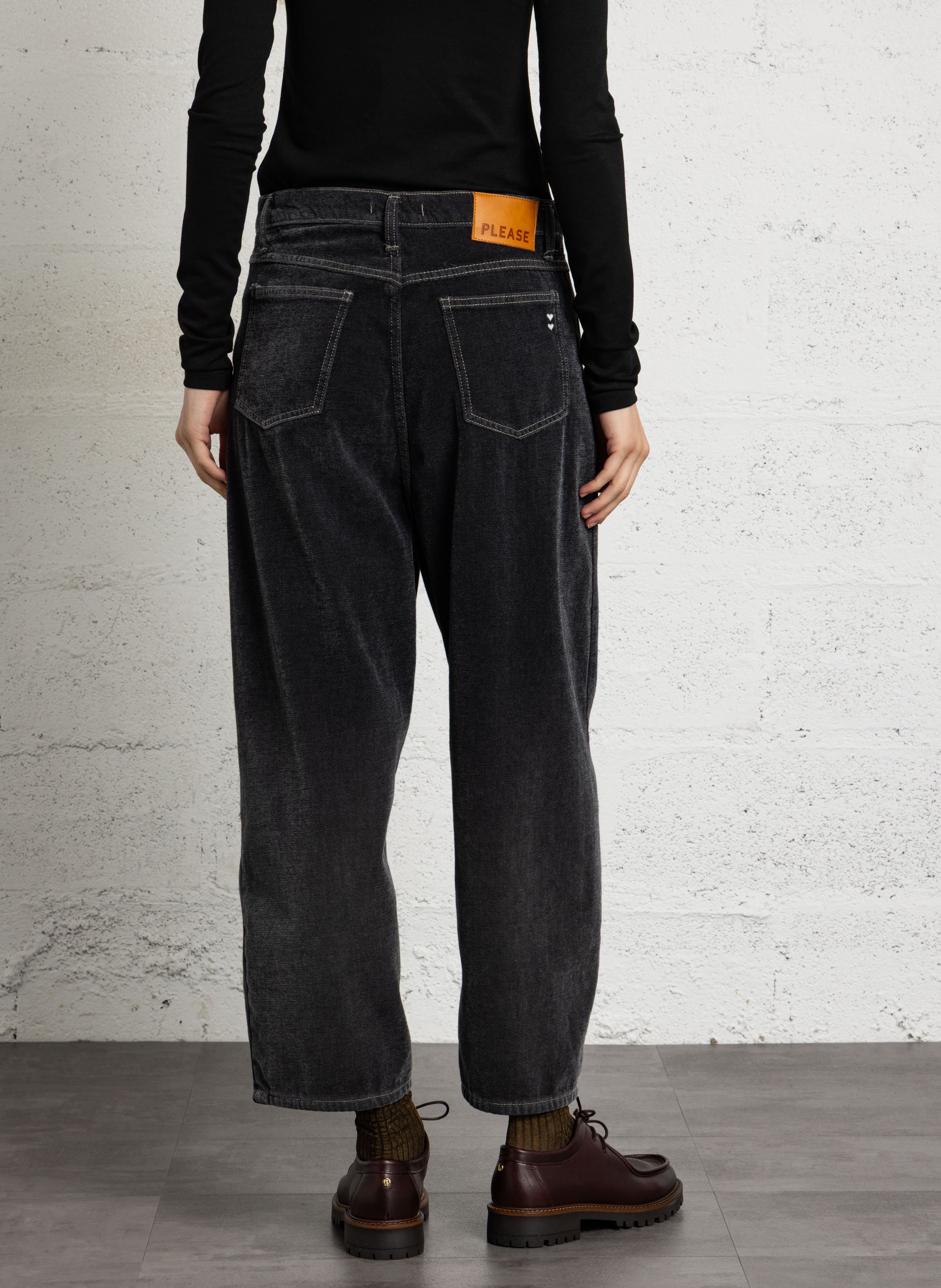 Mixed cotton barrel jeans PLEASE Black