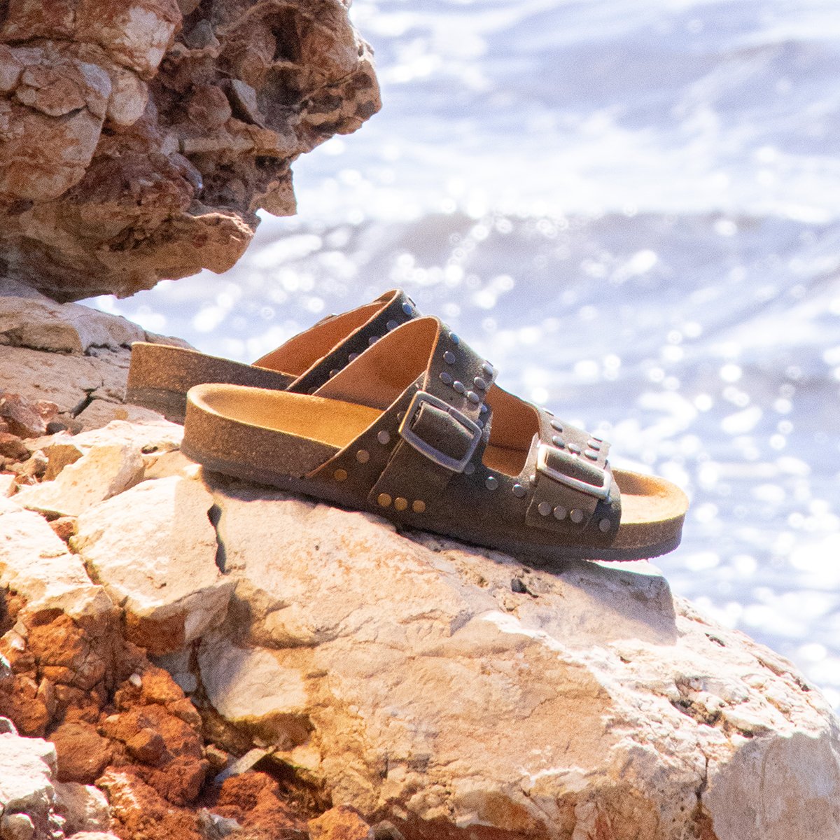 Cork studded leather suede mules JULES & JENN Green