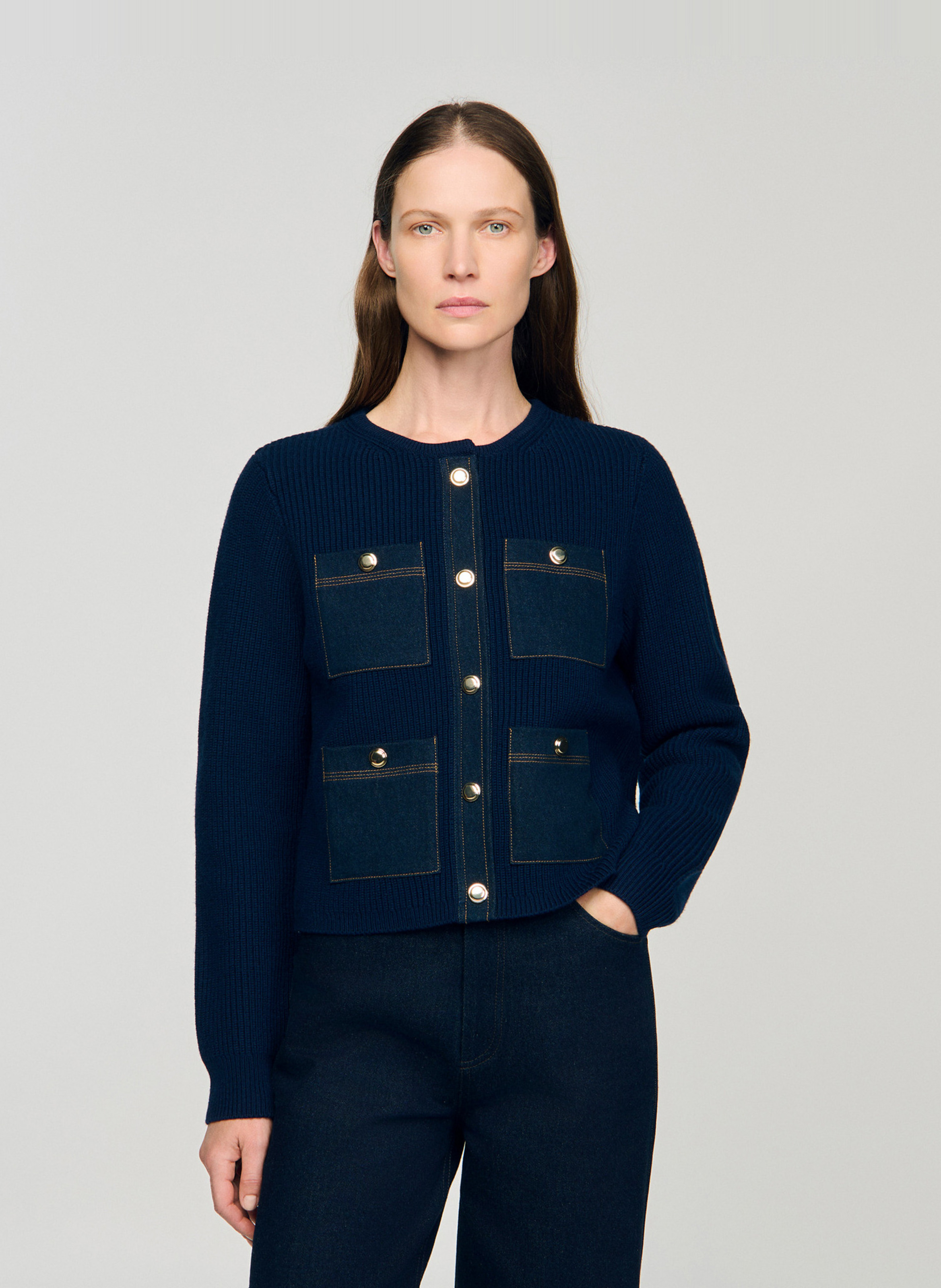 Cardigan uni à poches en laine SANDRO Bleu