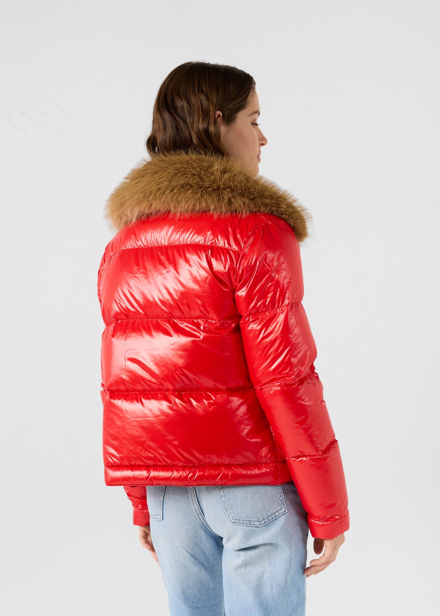 Shiny Nevada faux fur hooded puffer jacket for extreme cold. Red