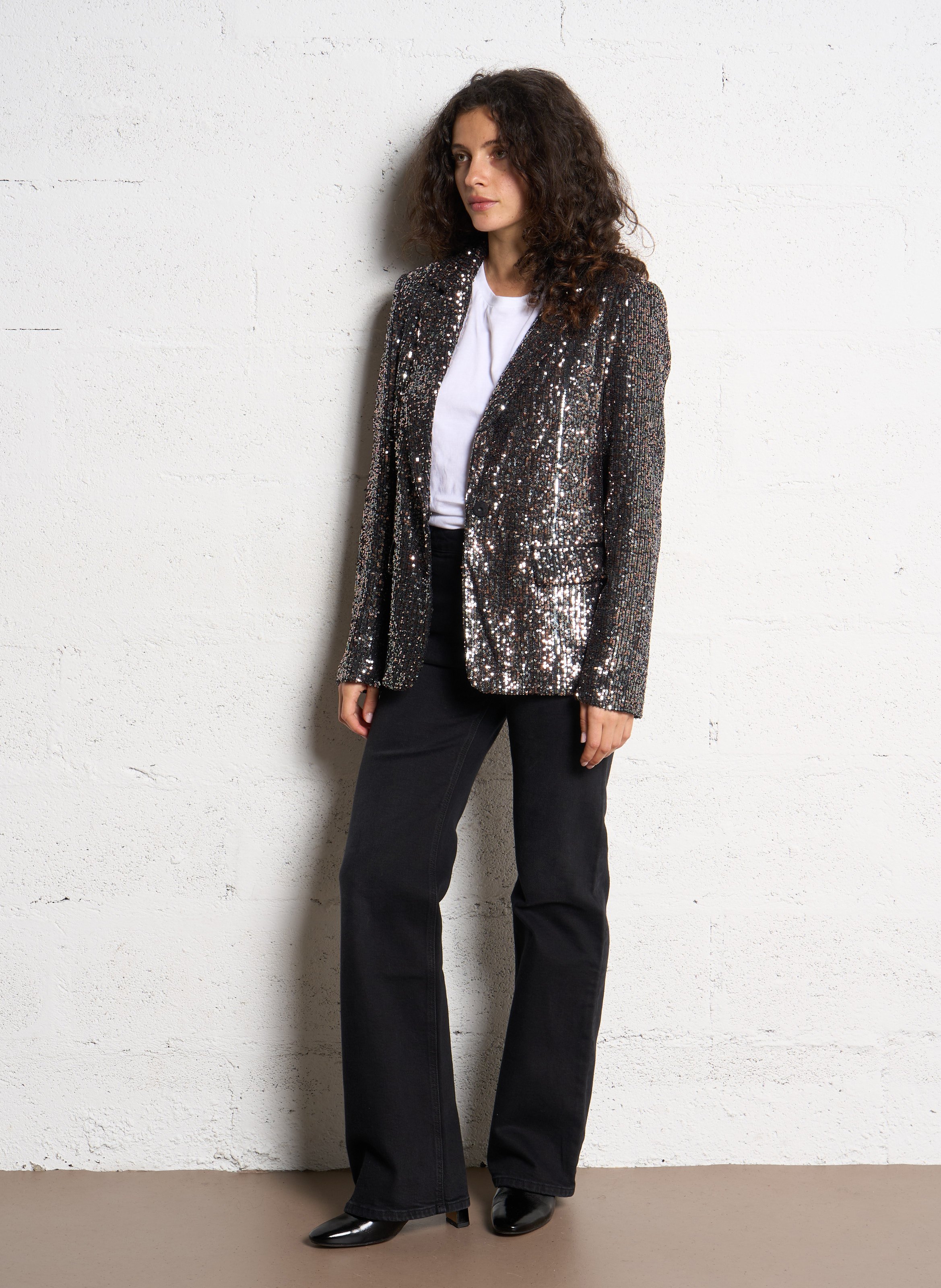 Veste tailleur droite à sequins brodés SEE U SOON Noir