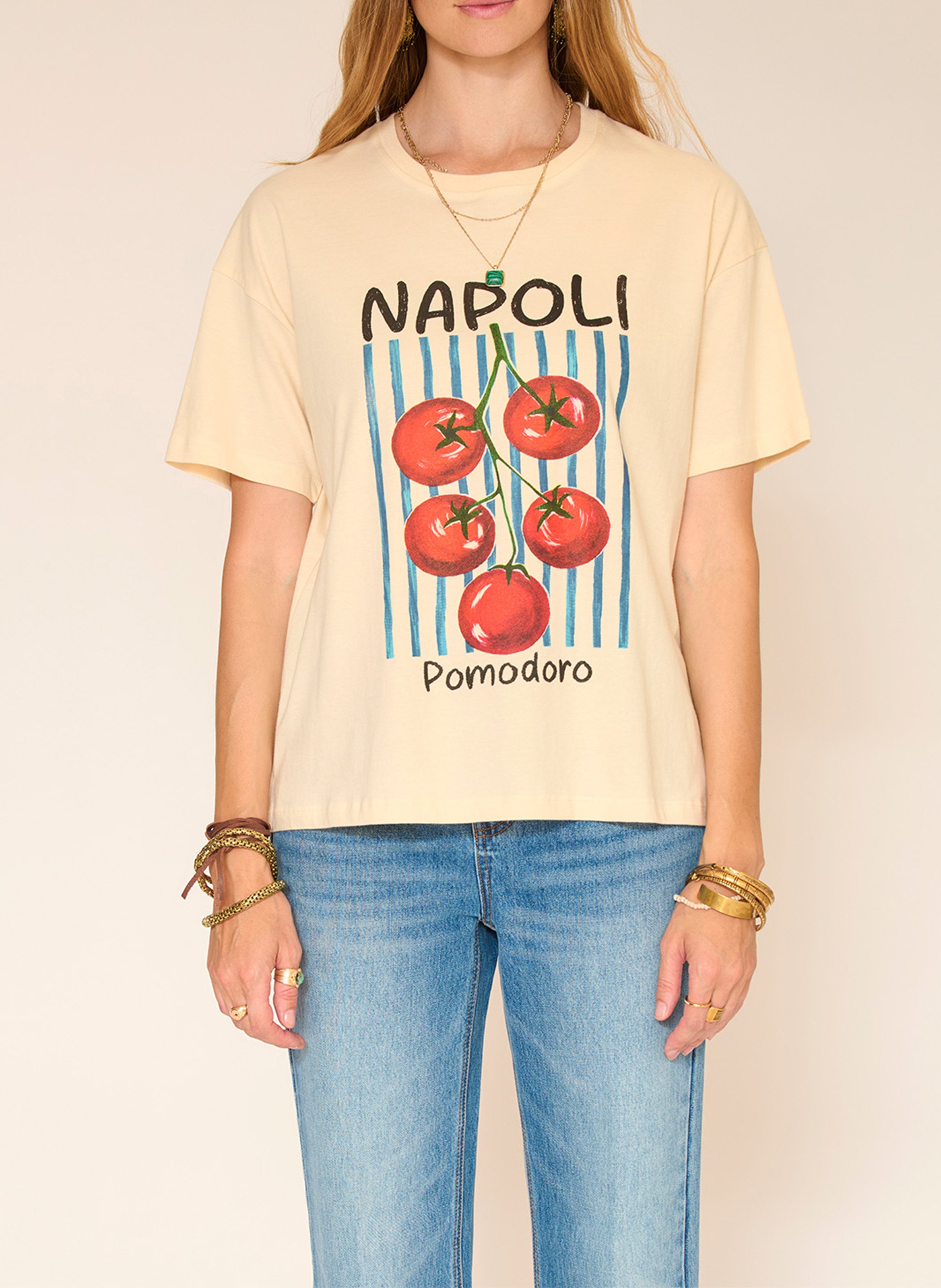 Straight round neck T-shirt printed Napoli in cotton. MKT Beige