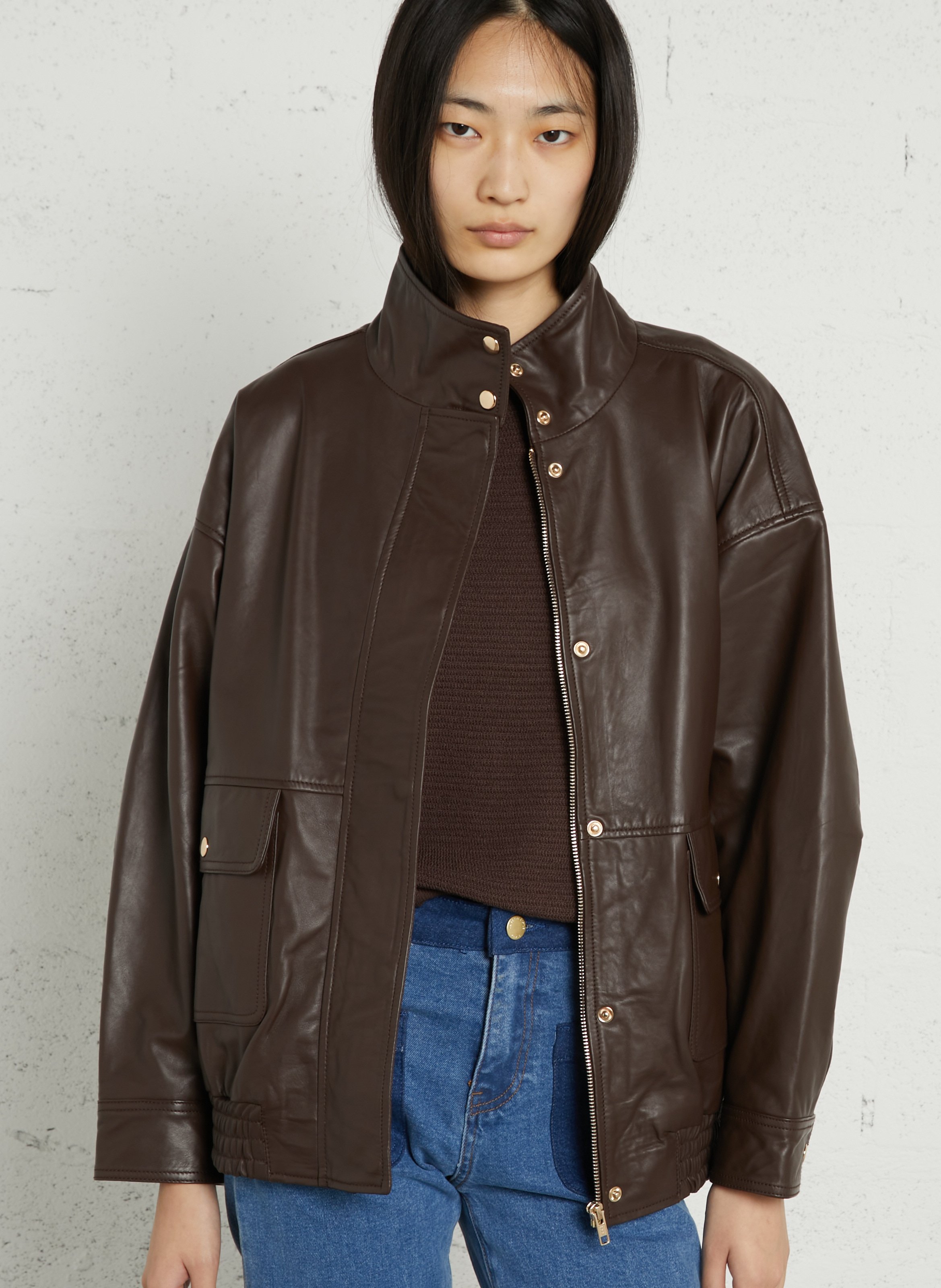 Blouson col monrant en cuir LA PETITE ETOILE Marron