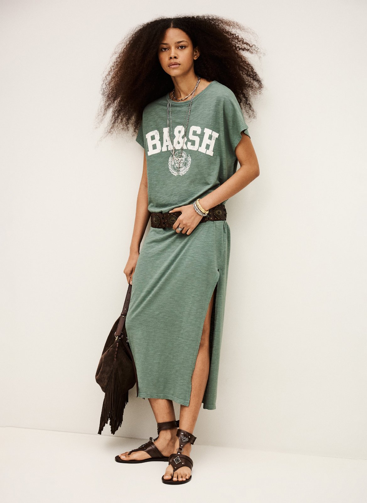 Halflange jurk met print en ronde hals BA&SH Kaki