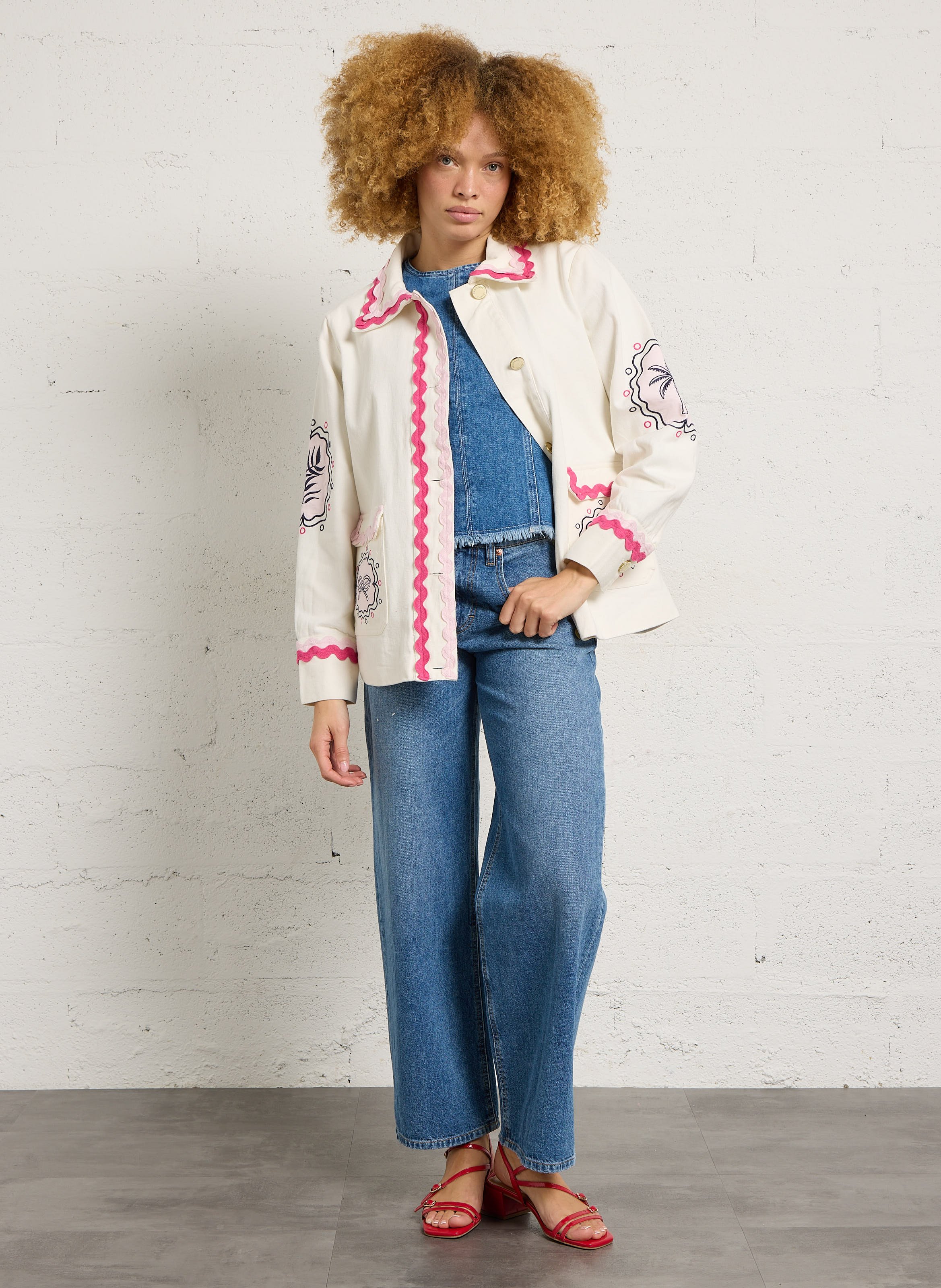 Embroidered cotton jacket with classic collar FABIENNE CHAPOT White