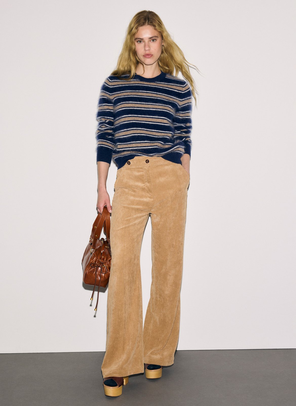 Pull droit col rond rayé en laine GERARD DAREL Marron