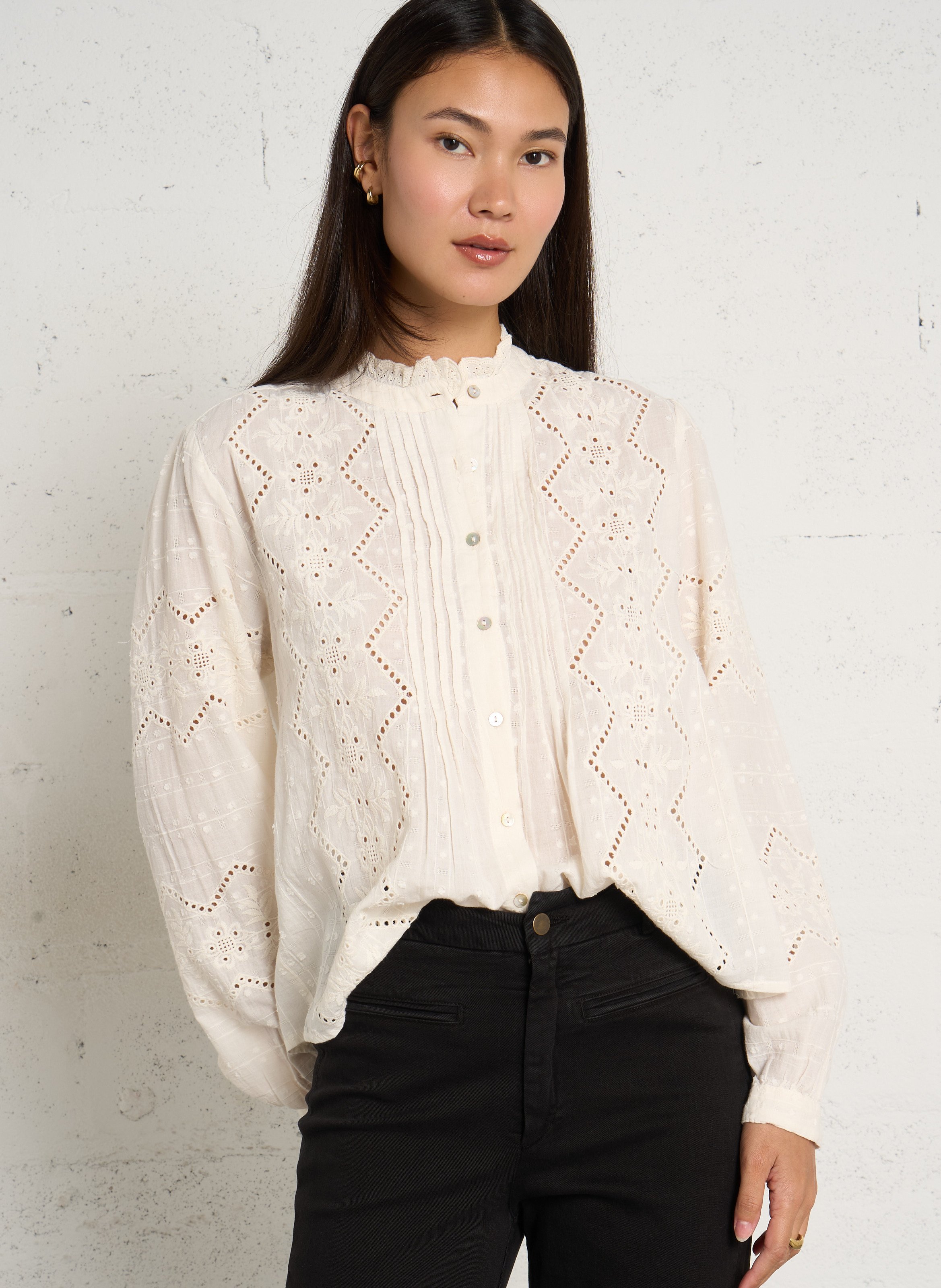 Bluse mit besticktem Detail aus Baumwolle MAISON HOTEL Weiss