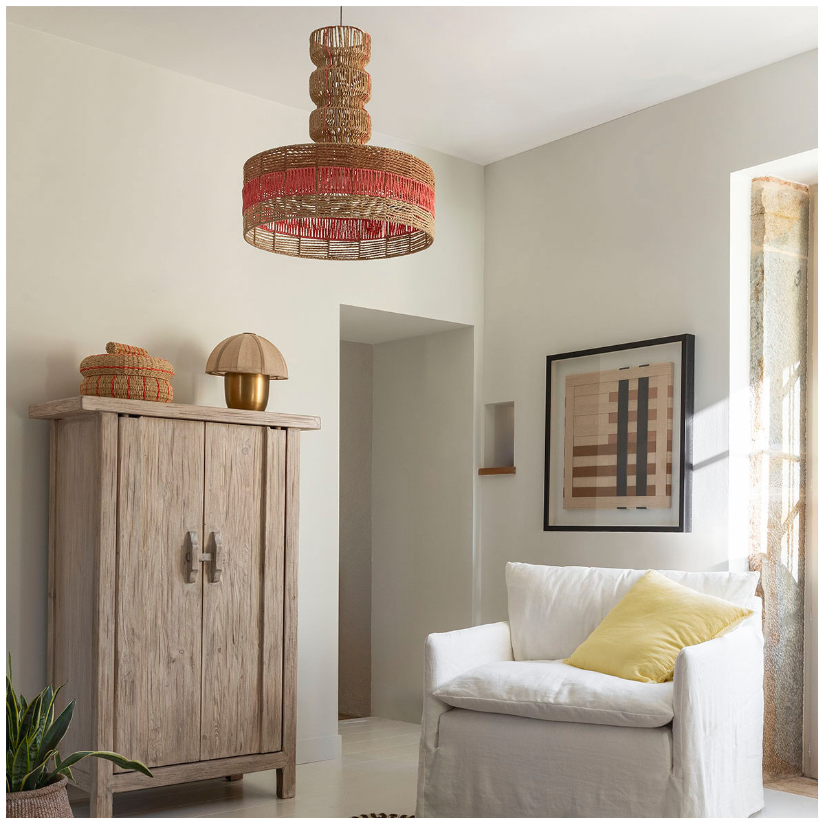 Non-electrified hoka pendant light in natural and coral paper rope - ø 50.5 x 55.5 cm BLANC D'IVOIRE Beige