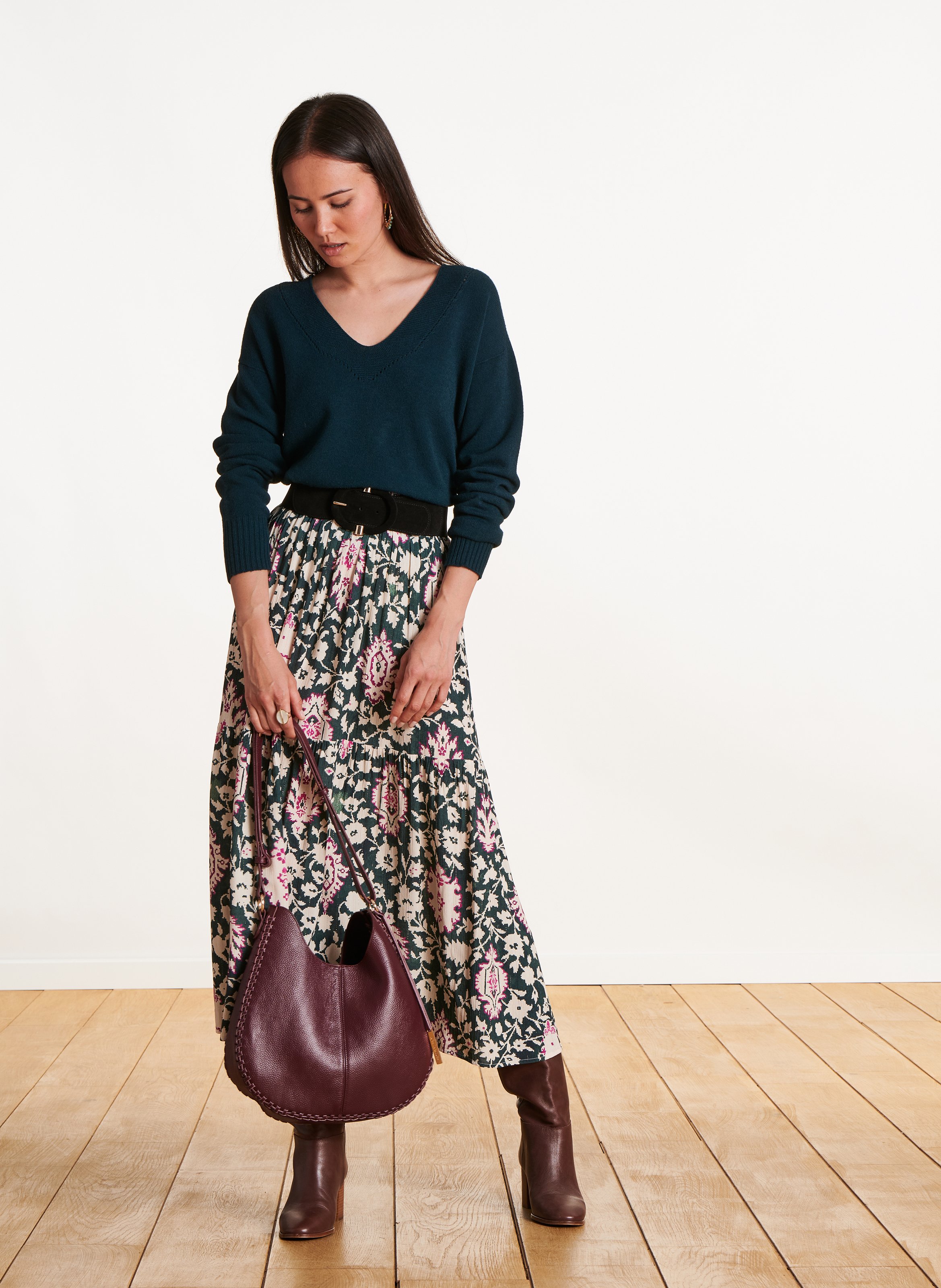 Weiter Strick-Mix-Pullover mit V-Ausschnitt LA FEE MARABOUTEE Blau