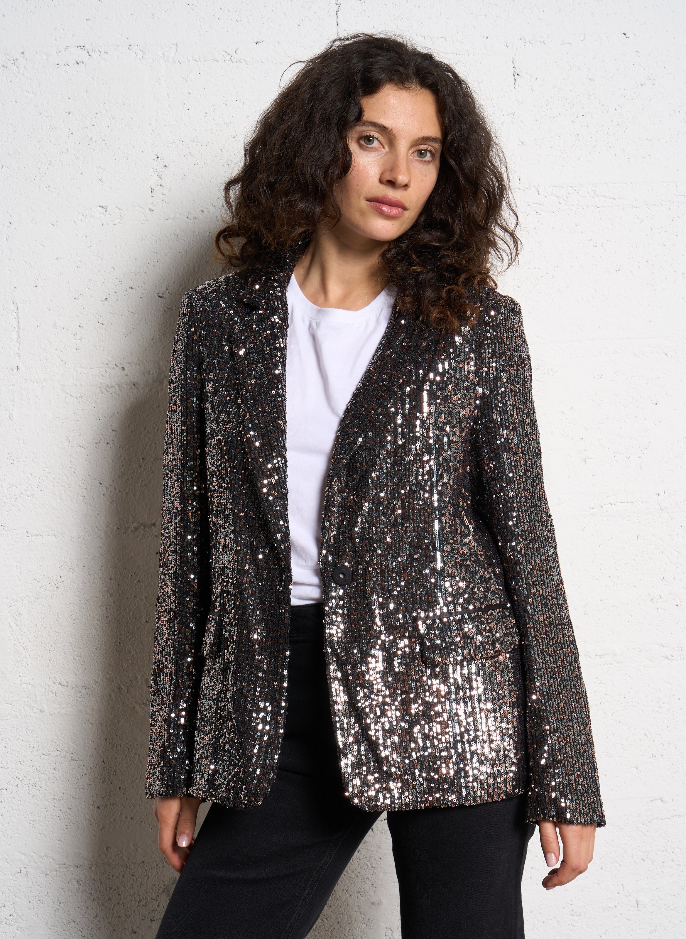 Veste tailleur droite à sequins brodés SEE U SOON Noir