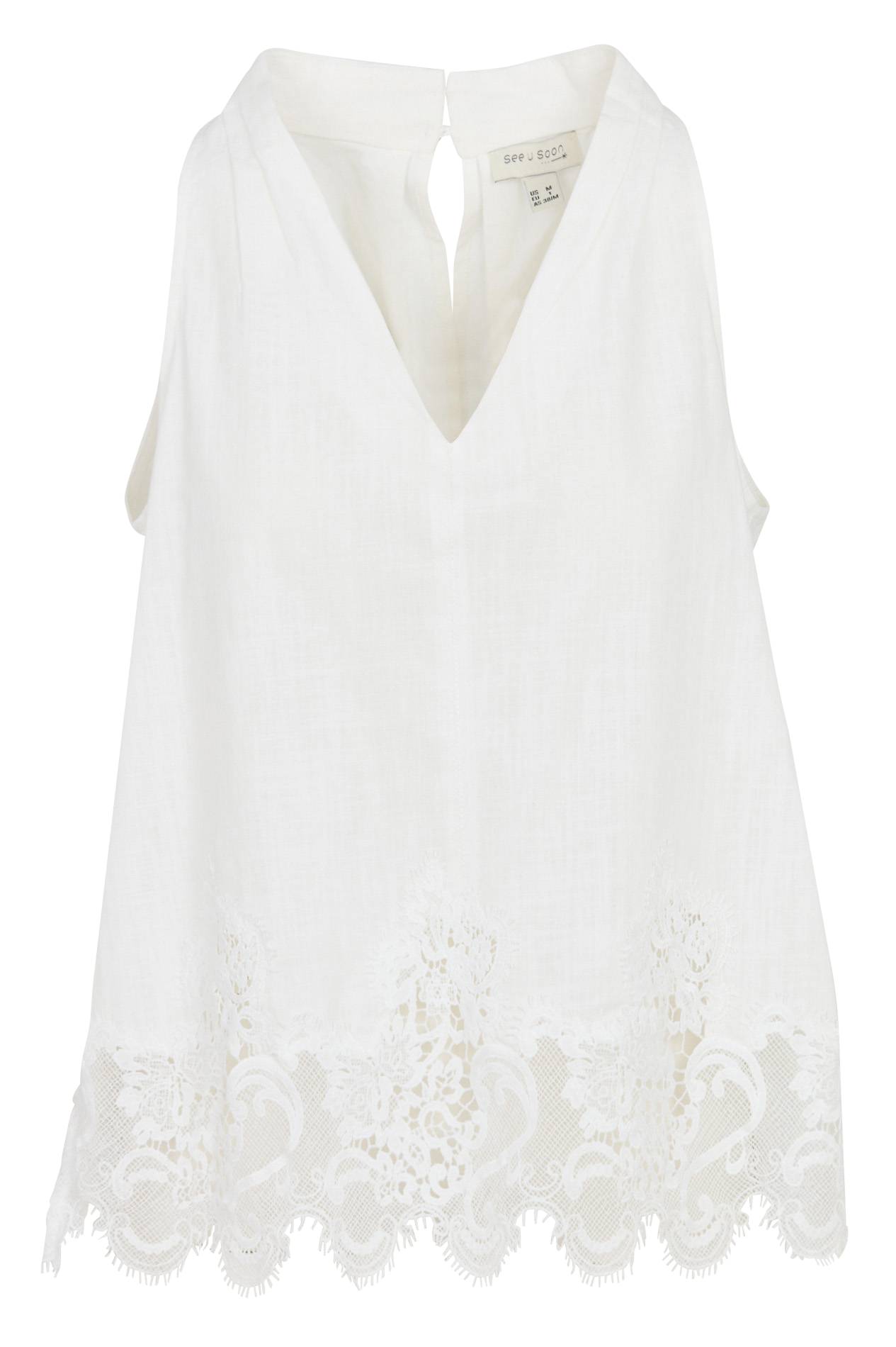 Top col V ample dentelle en lin mélangé SEE U SOON Blanc