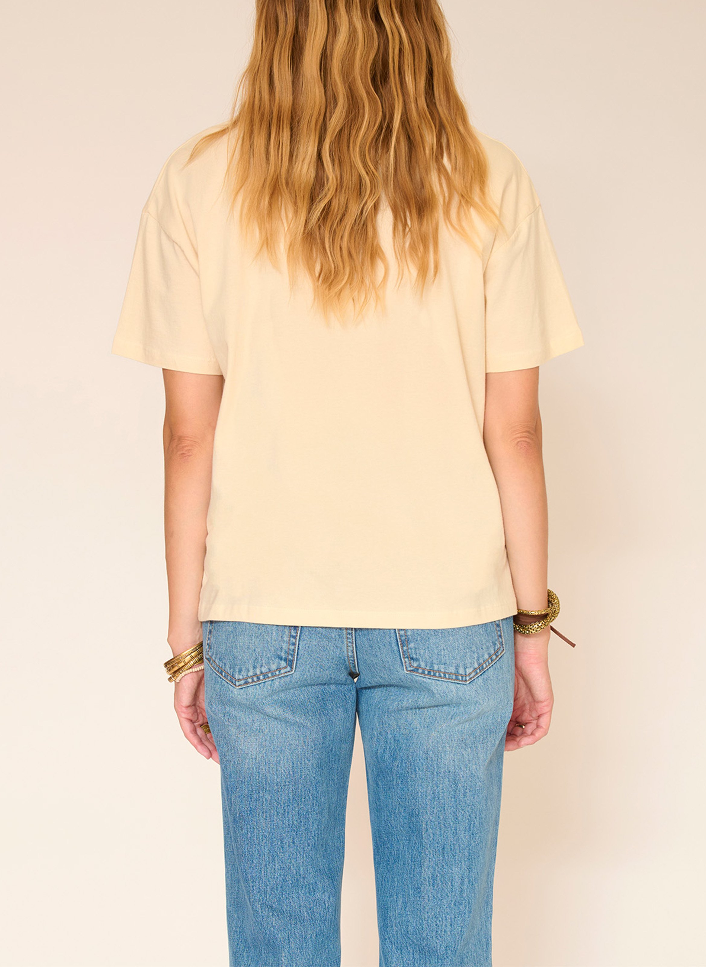 Straight round-neck cotton T-shirt with screen print MKT Beige