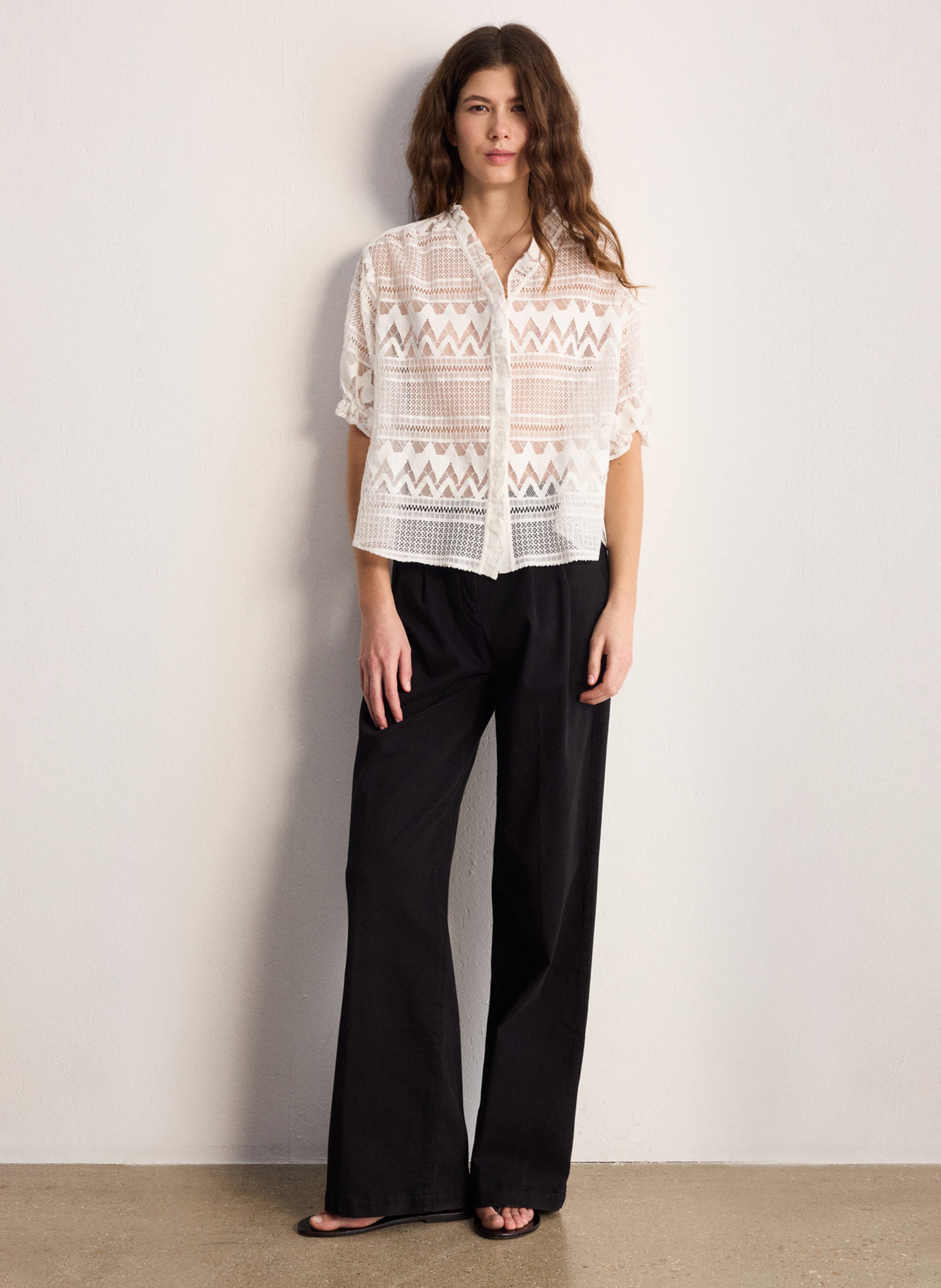 Blouse met V-hals van gemengd katoen PABLO Wit