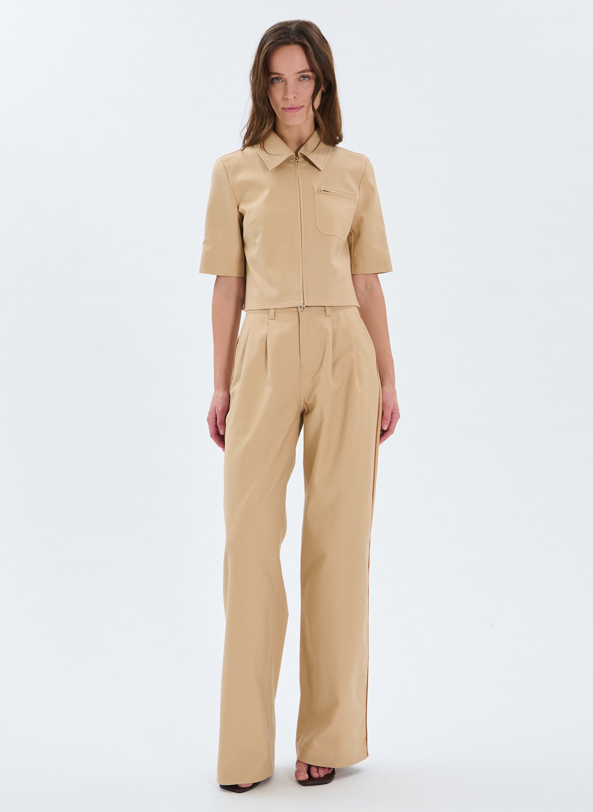 Weite Hose aus Baumwoll-Mix mit hohem Bund ZAPA Beige