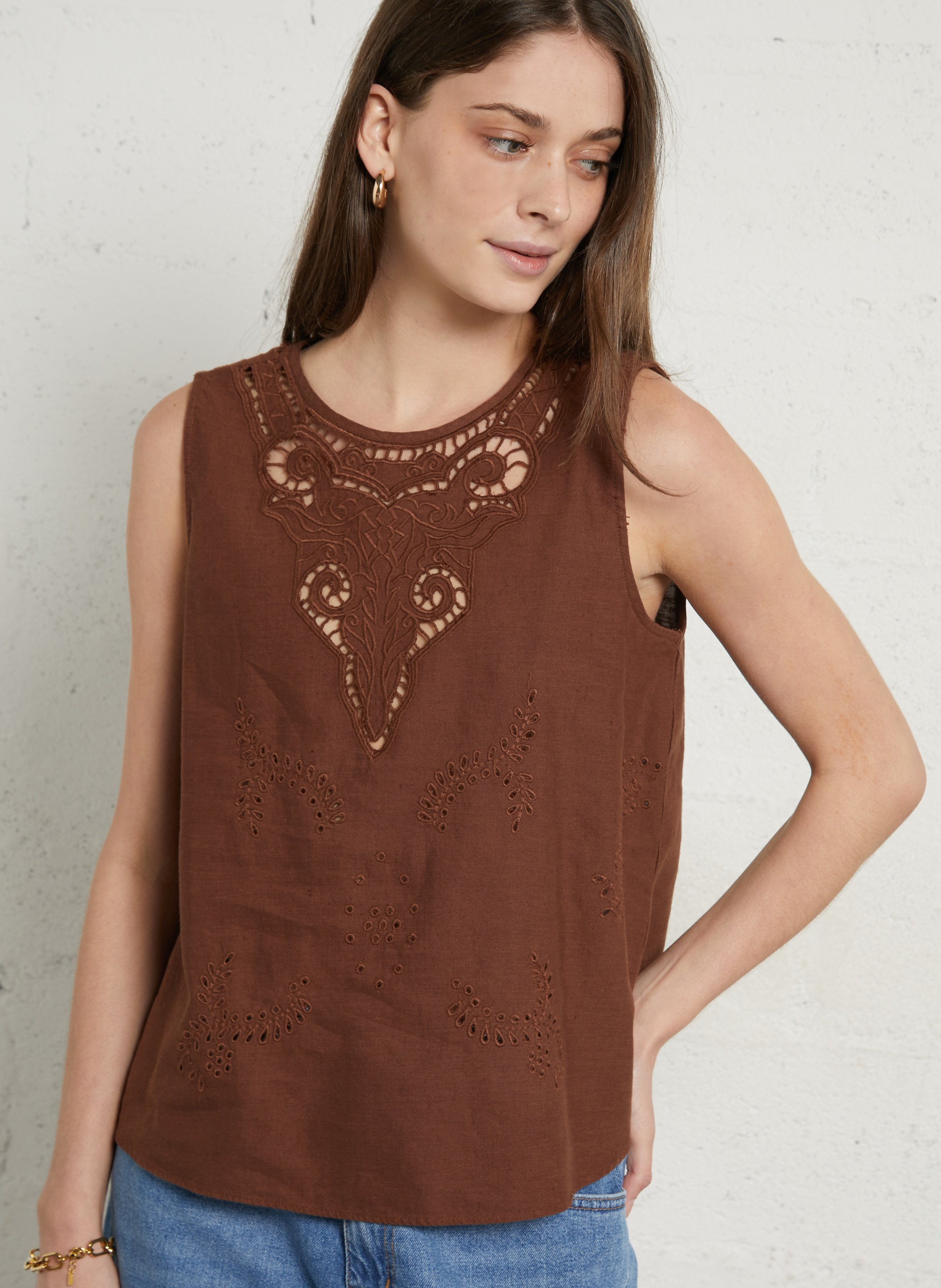Top droit col rond en coton et lin SUD EXPRESS Marron