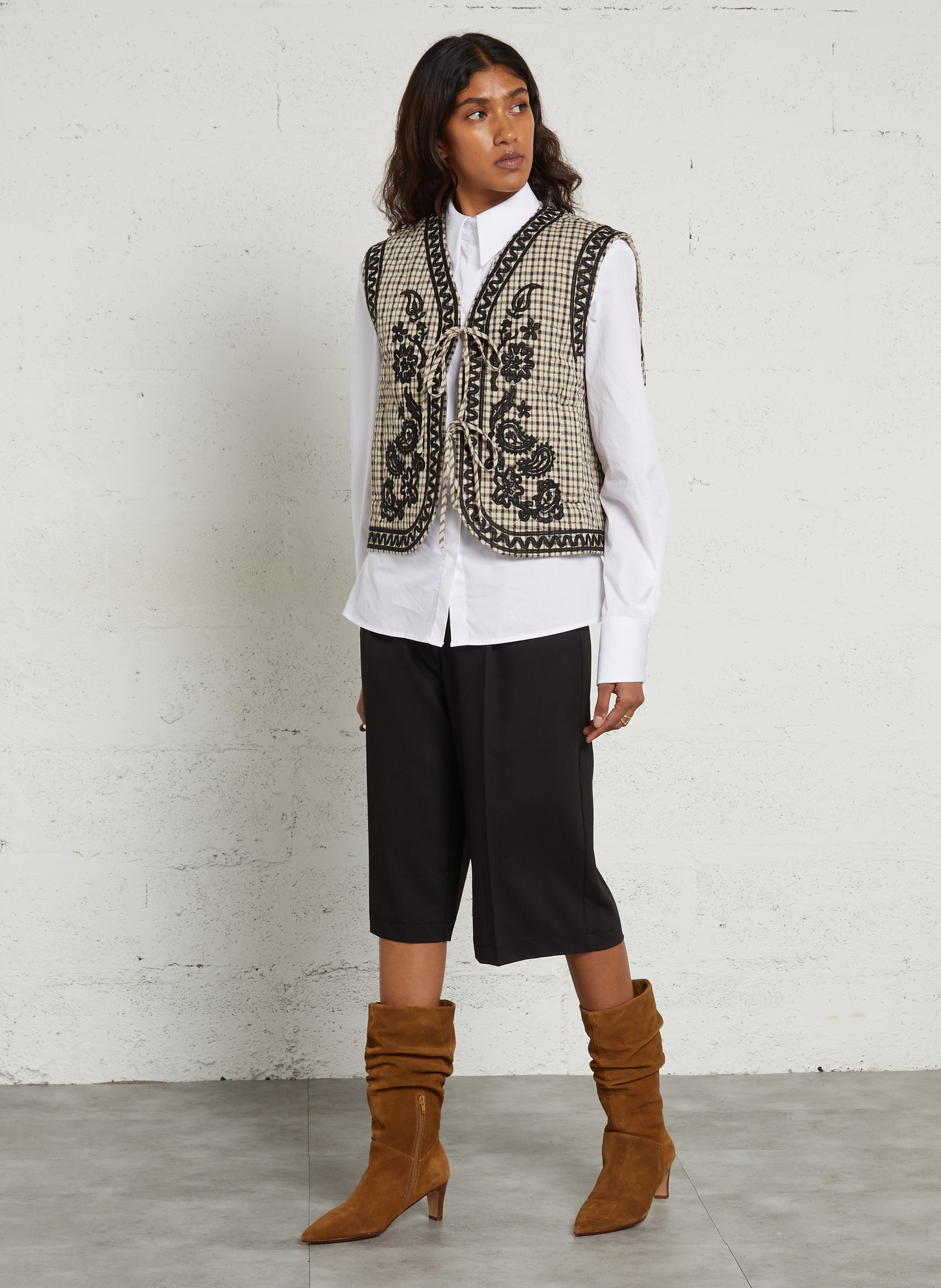 Gilet droit à carreaux brodé en coton mélangé THE KORNER Beige