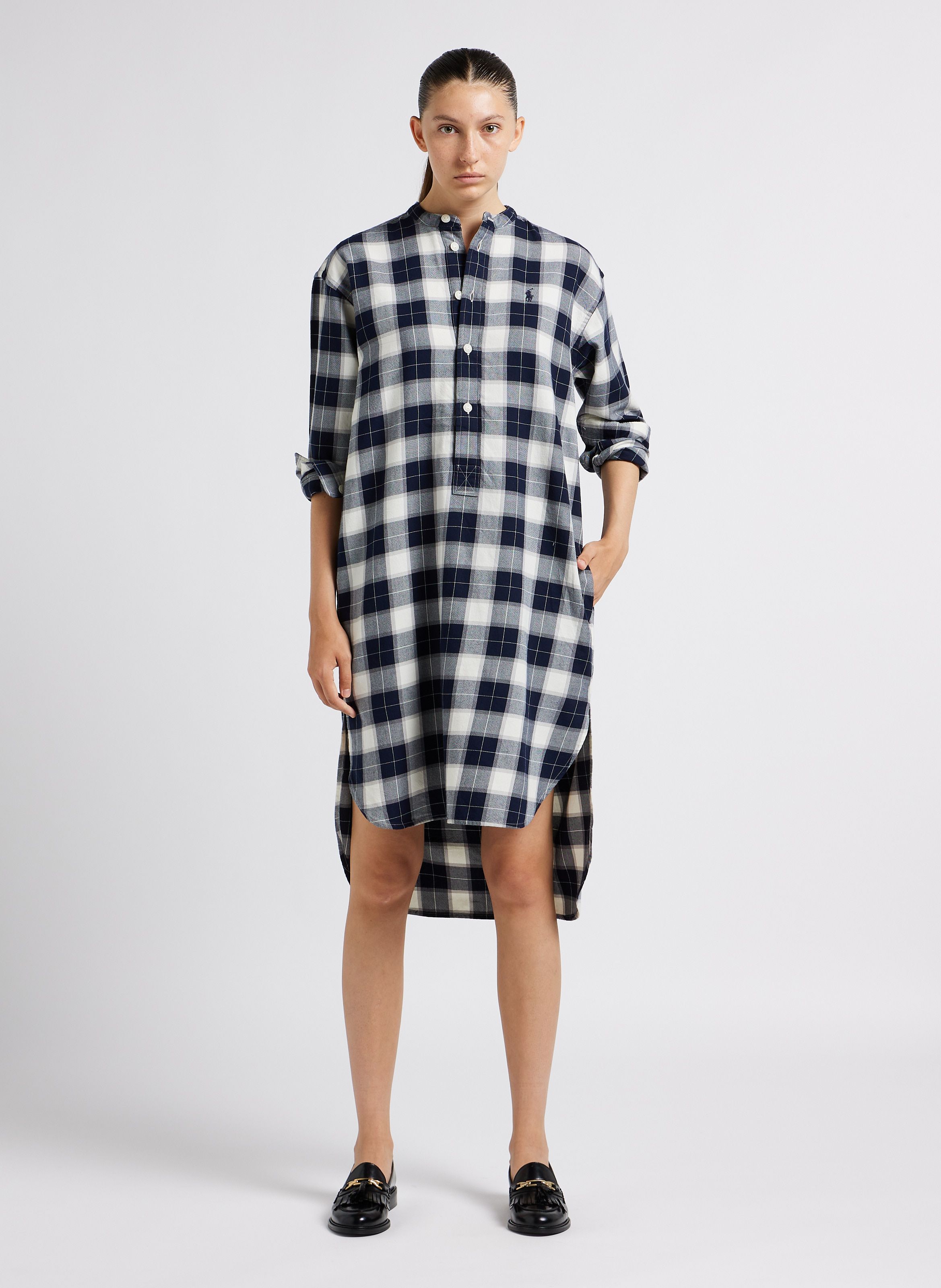 Black Midi shirt dress with henley collar