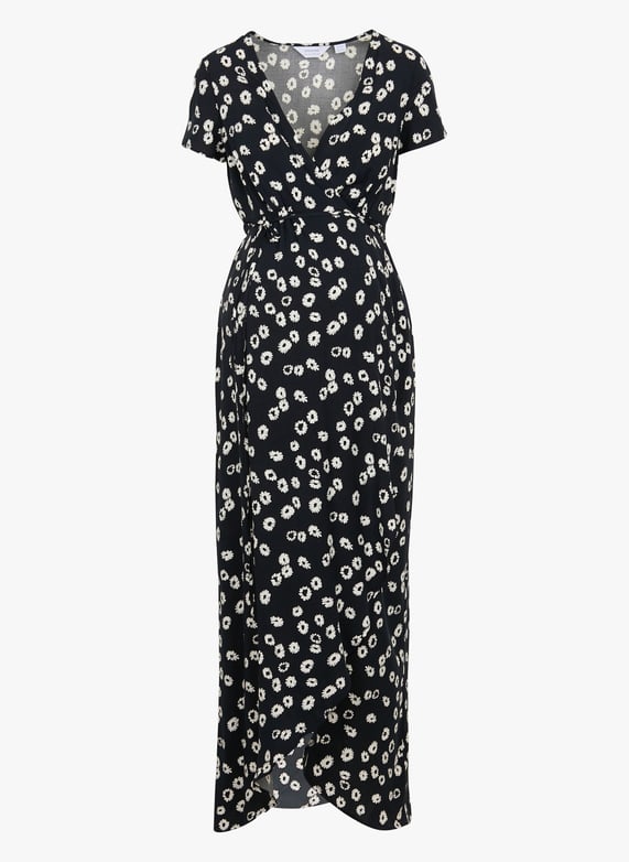 Robe de grossesse droite col cache-Coeur imprimée Daisy Noir