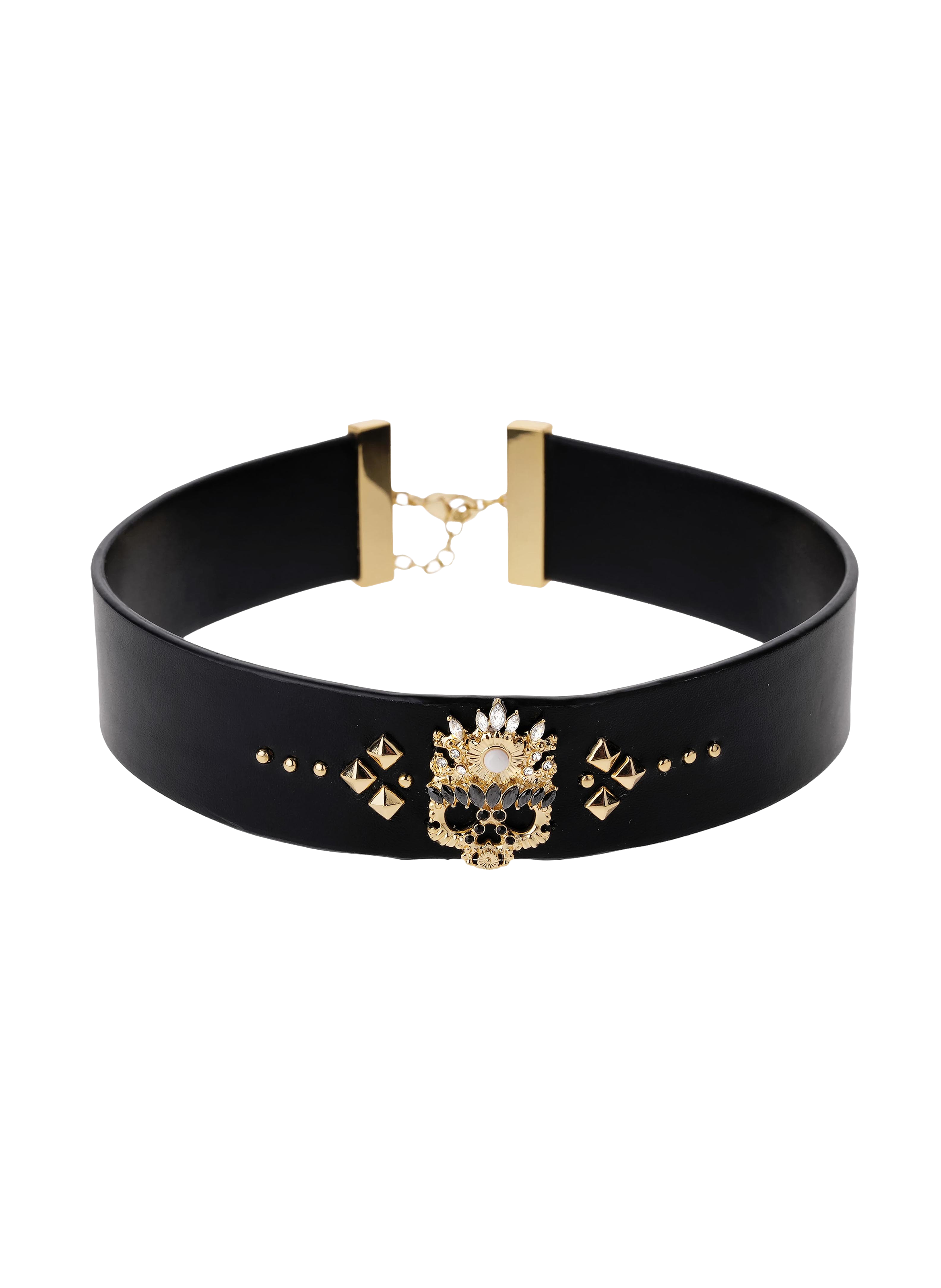 Adjustable choker necklace in leather with studs and central cabochon HIPANEMA Black