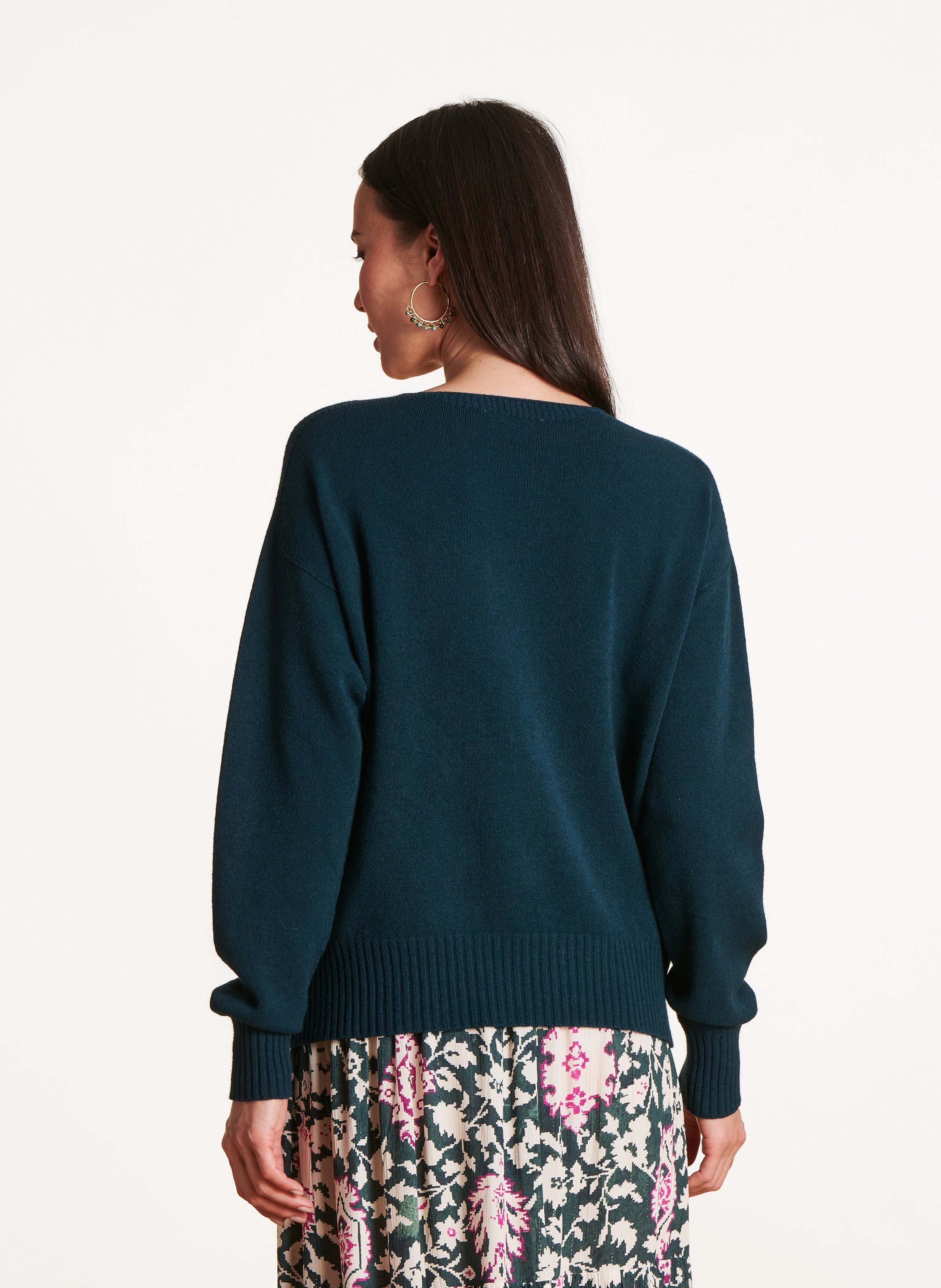 Weiter Strick-Mix-Pullover mit V-Ausschnitt LA FEE MARABOUTEE Blau