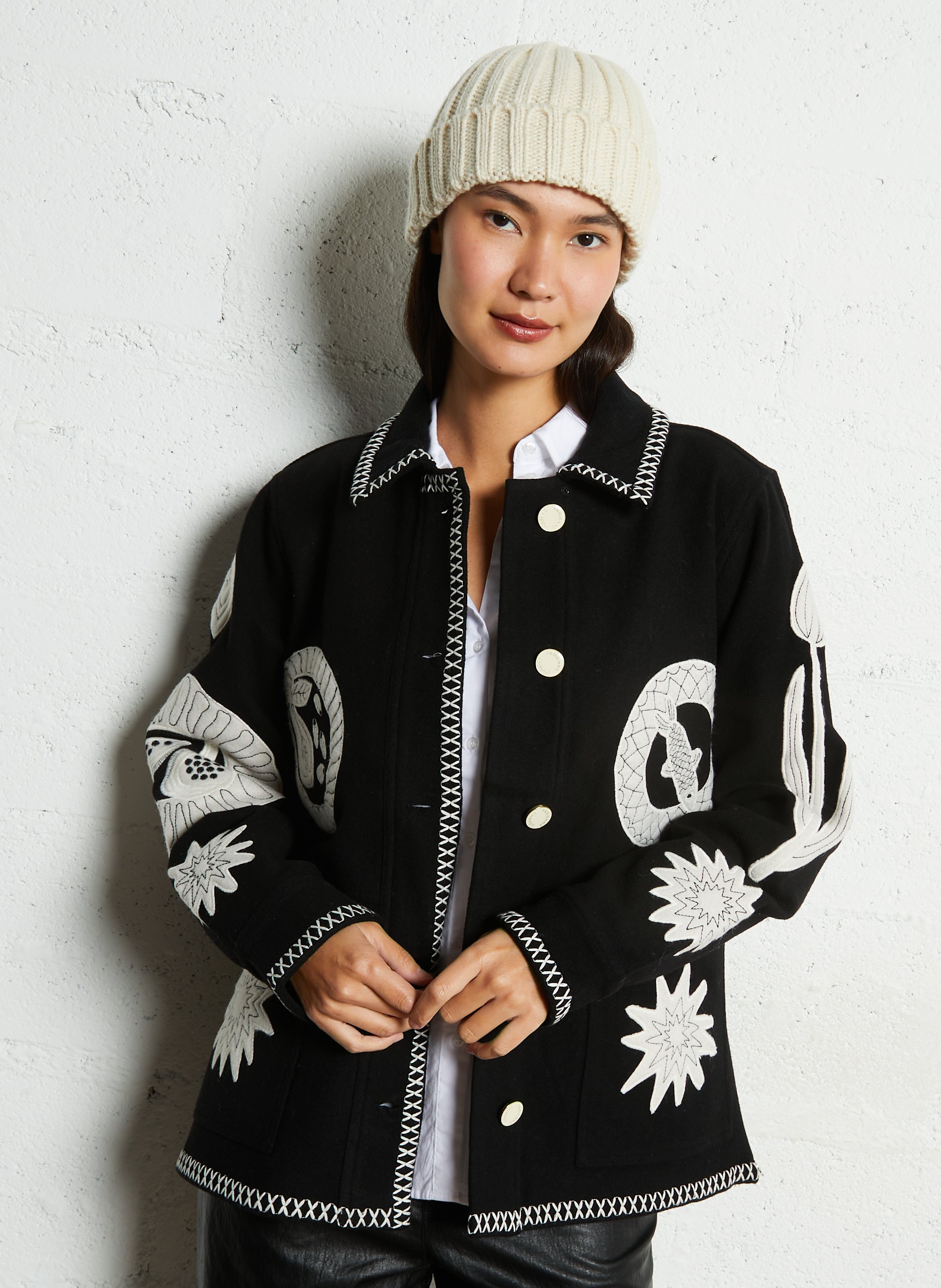 Veste droite col rond en coton mélangé FABIENNE CHAPOT Noir