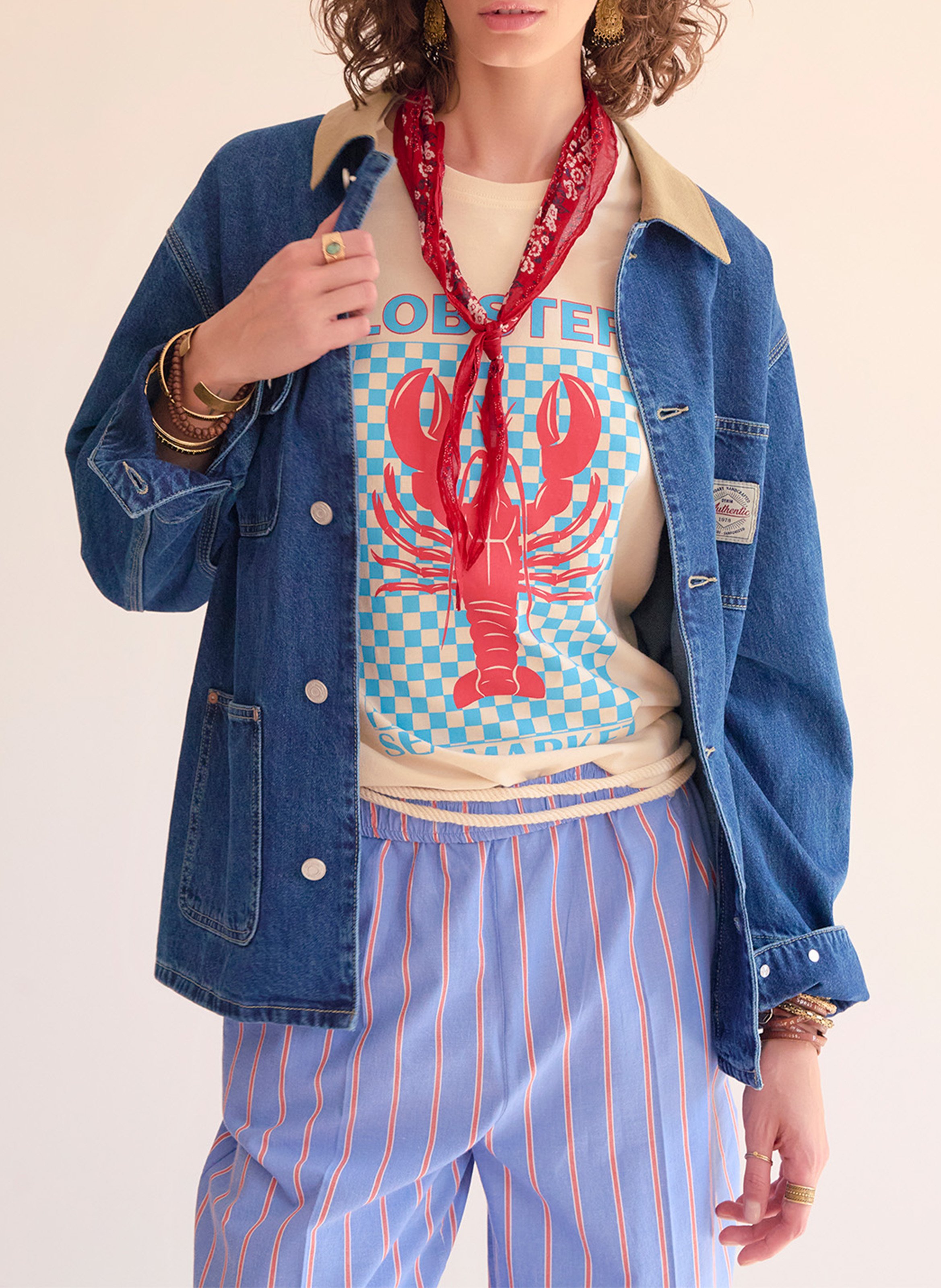 Straight round-neck cotton T-shirt with screen print MKT Beige