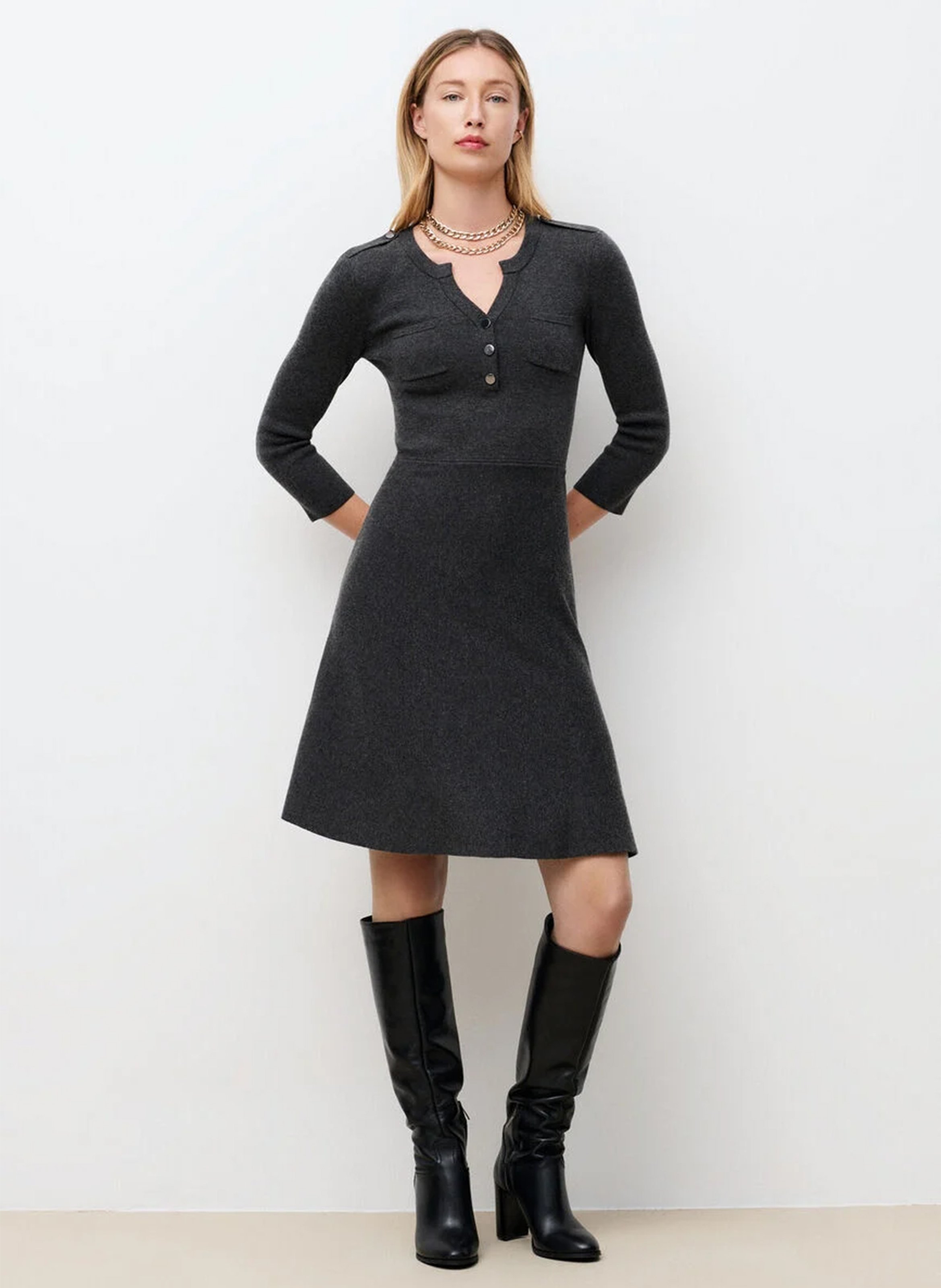 Robe courte col tunisien en laine mélangée CAROLL Gris