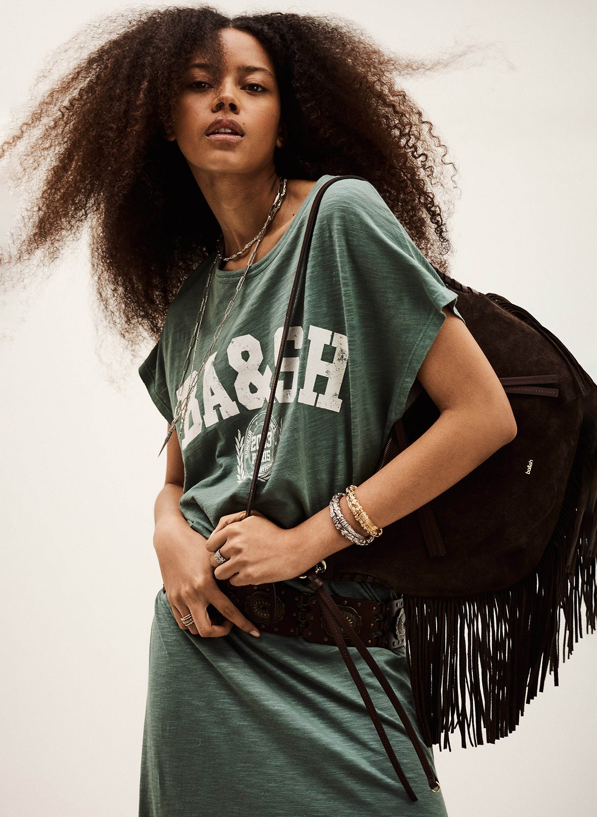 Halflange jurk met print en ronde hals BA&SH Kaki