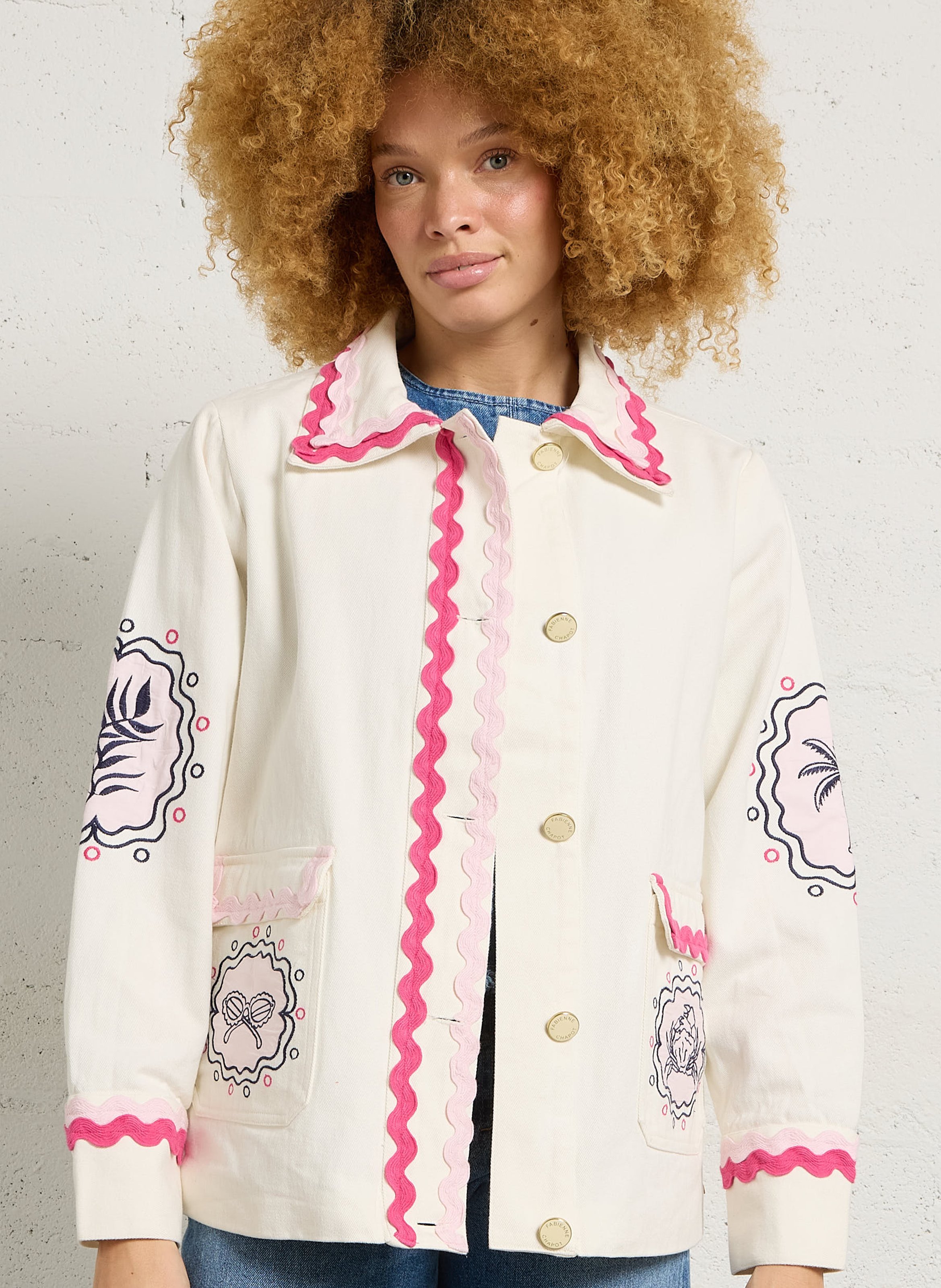 Embroidered cotton jacket with classic collar FABIENNE CHAPOT White
