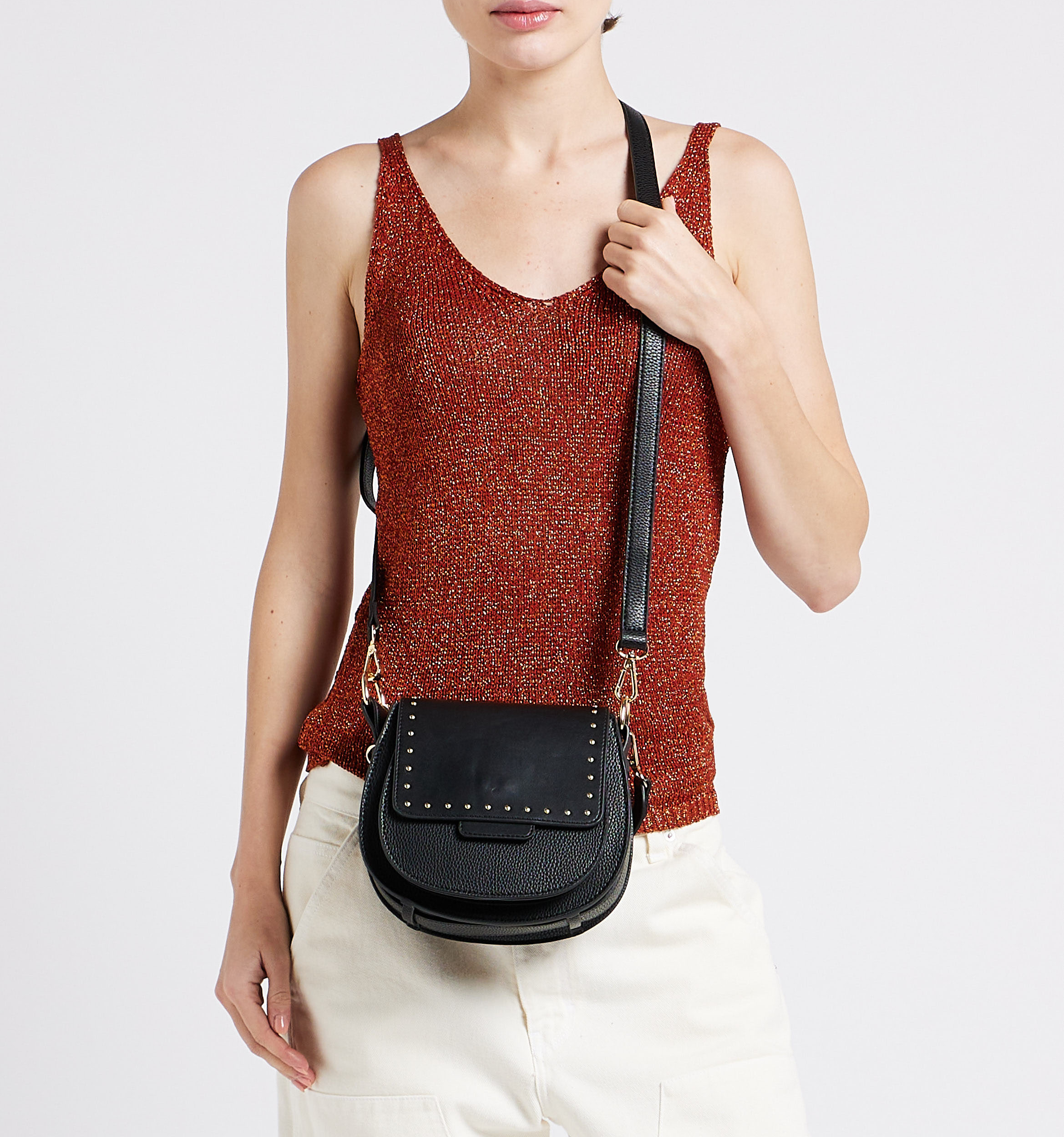 Lather-look shoulder messenger bag with studs AU PRINTEMPS PARIS Black