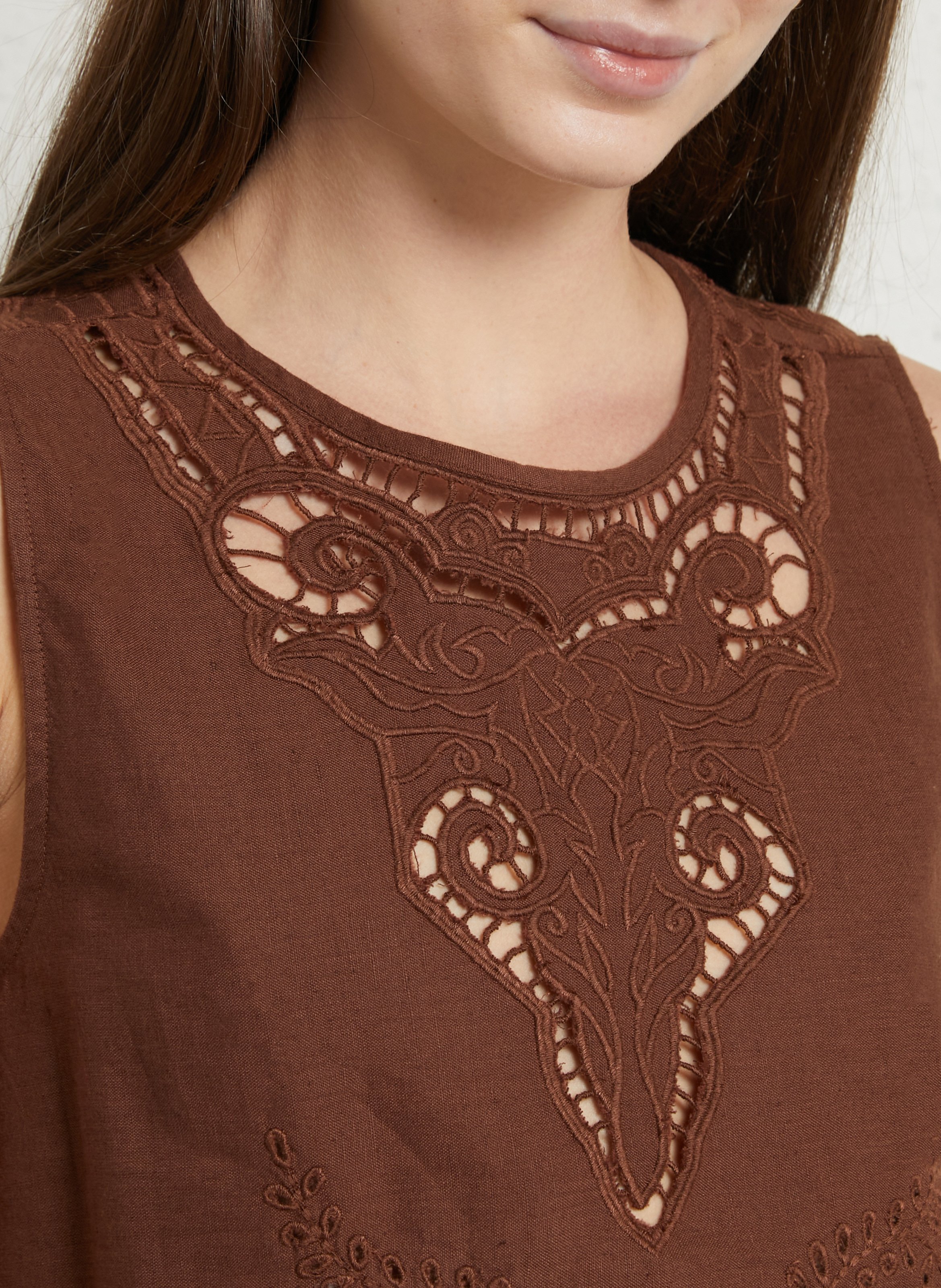 Top droit col rond en coton et lin SUD EXPRESS Marron