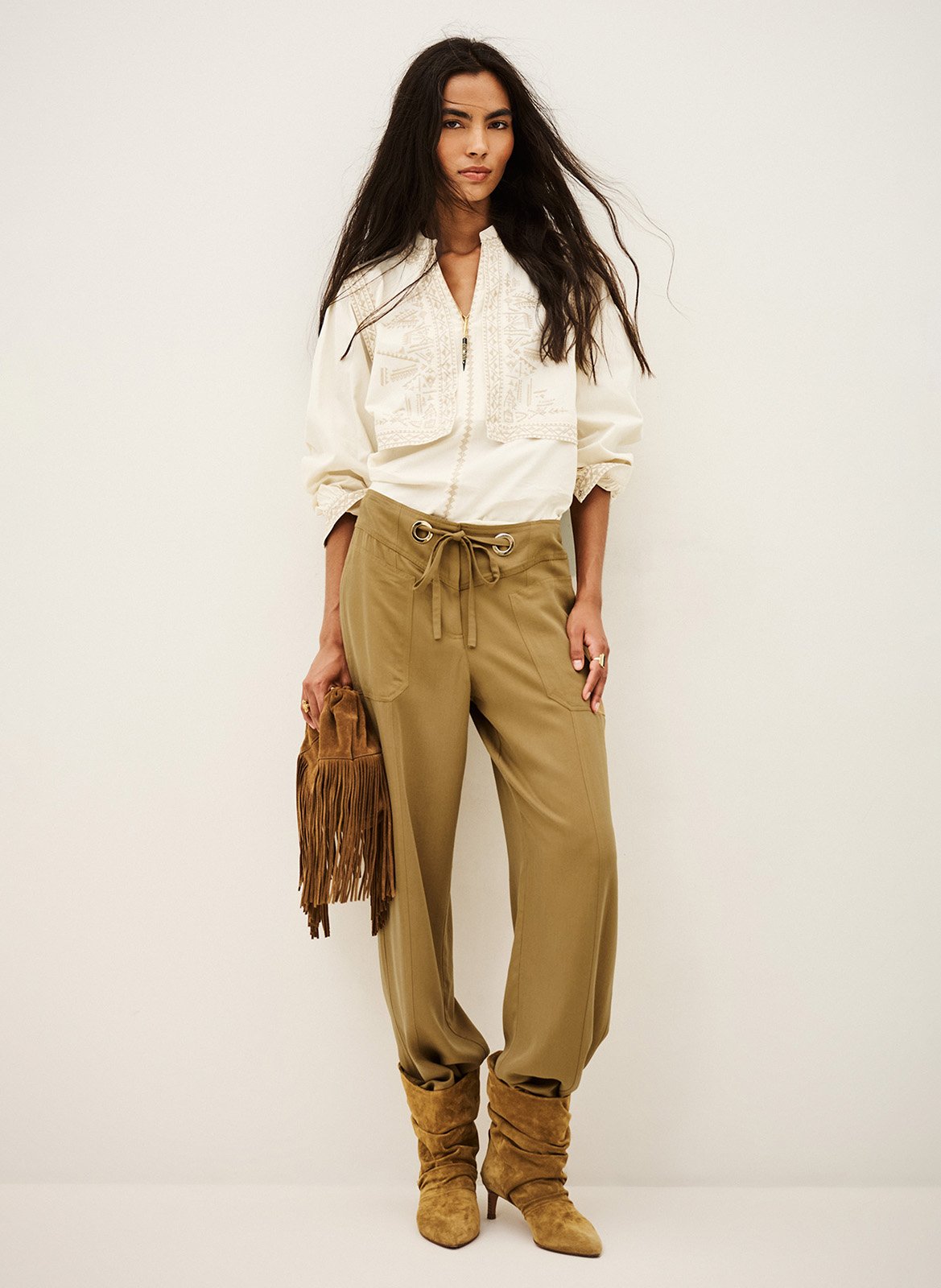 Hoch sitzende Fließhose in Uni-Farbe BA&SH Beige