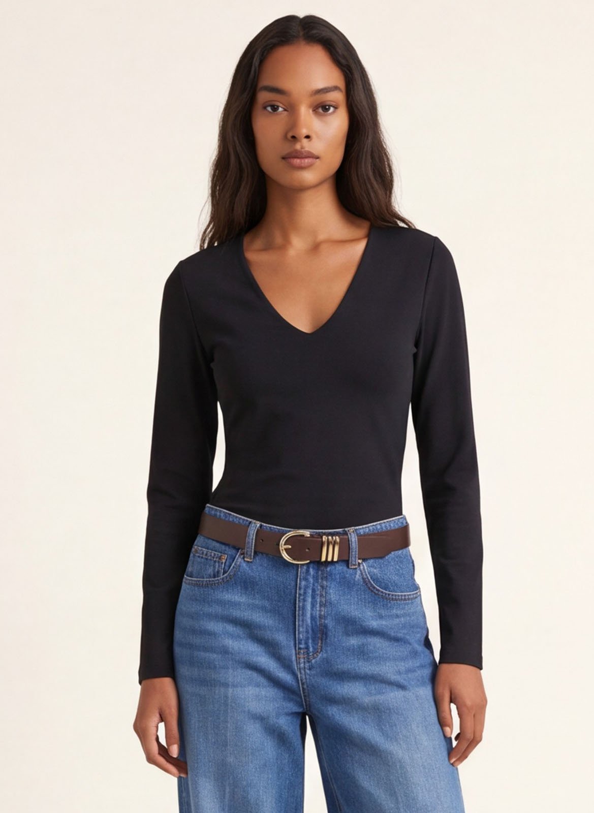 T-shirt uni col V en coton mélangé KOOKAI Noir