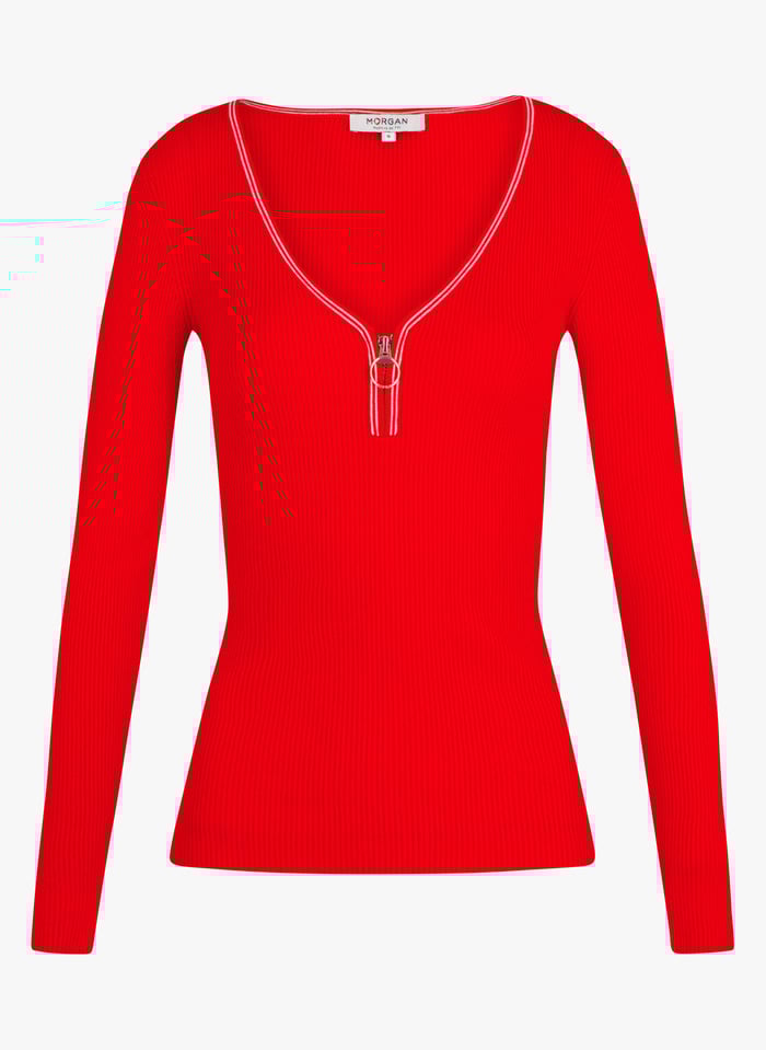 Pull à Col V Zippé Rouge Vif Off White Morgan - Femme | Place des Tendances