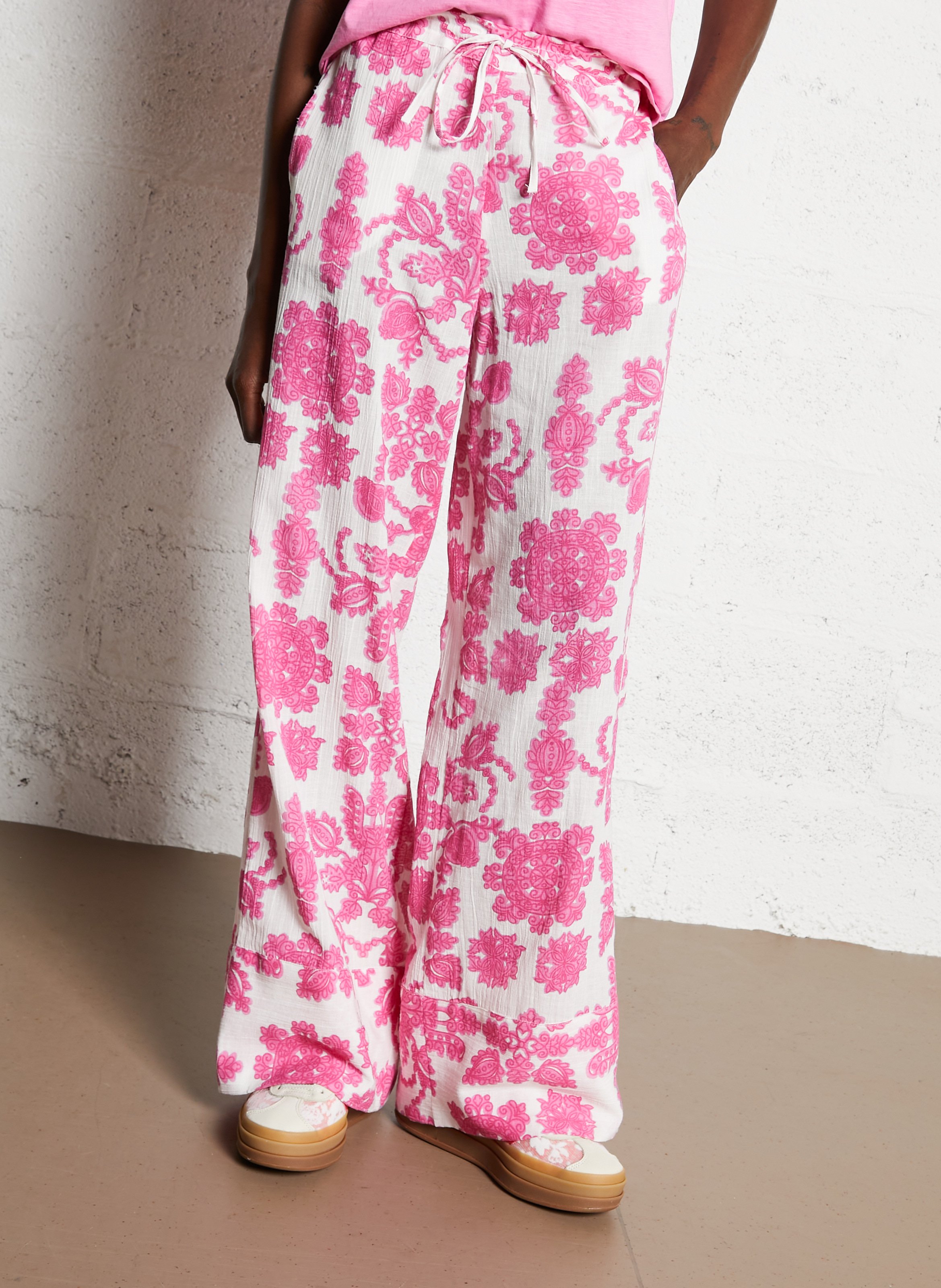 Wide leg printed cotton blend pants MAISON 123 Pink