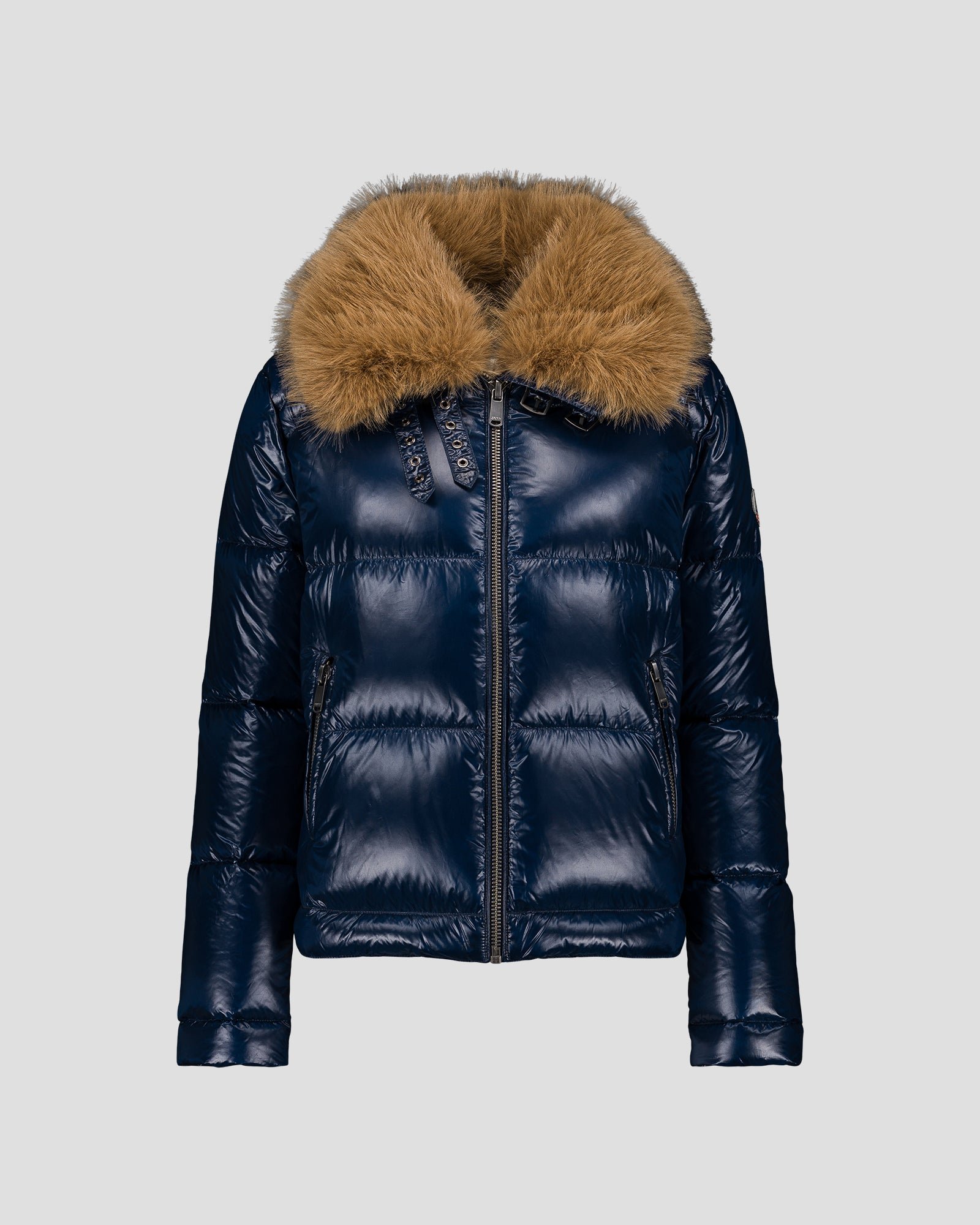 Shiny Nevada faux fur hooded puffer jacket for extreme cold. JOTT Blue