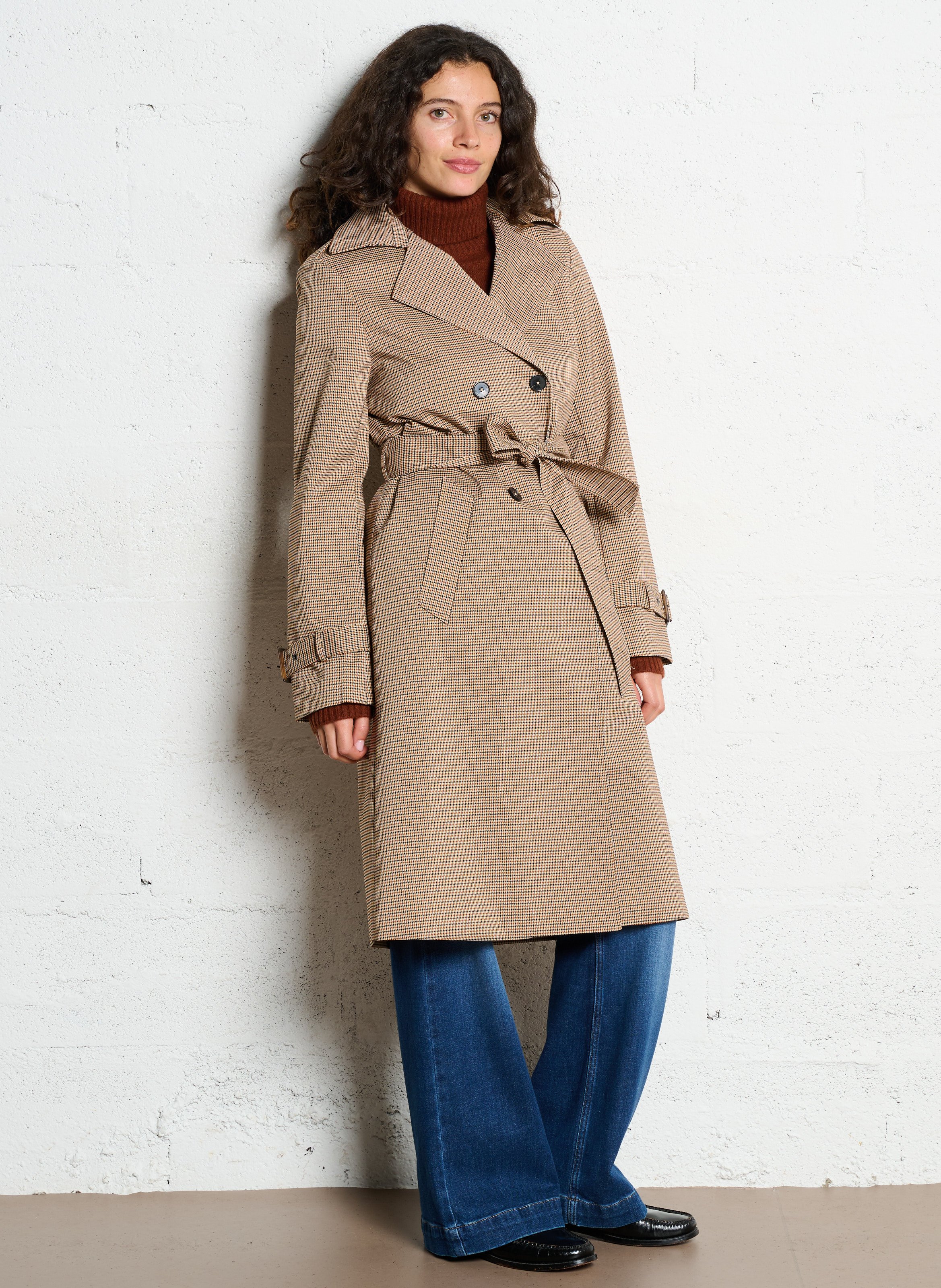 Checked trench with tailored collar IKKS Brown