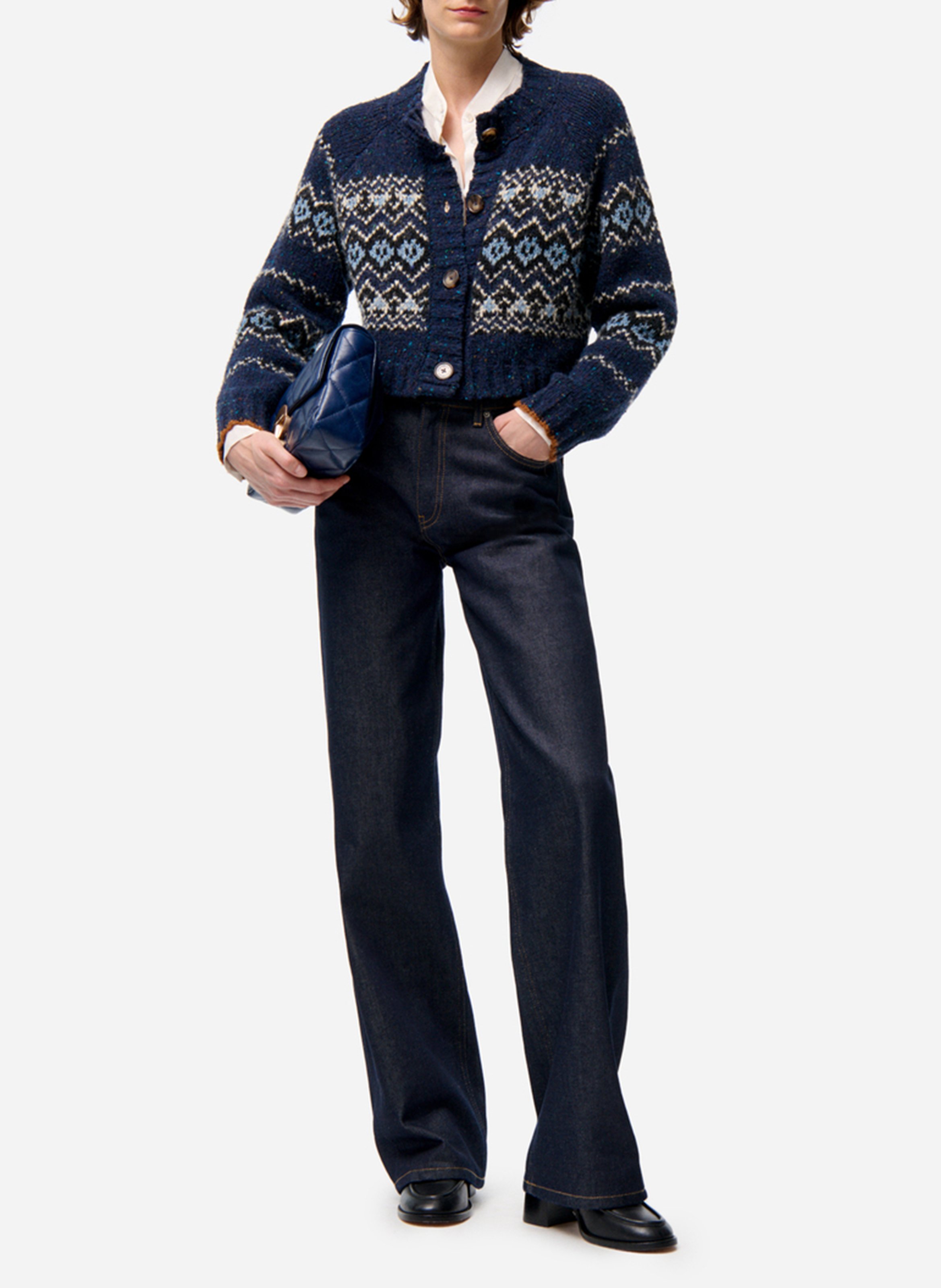 Gilet col rond jacquard en laine vierge mélangée VANESSA BRUNO Bleu