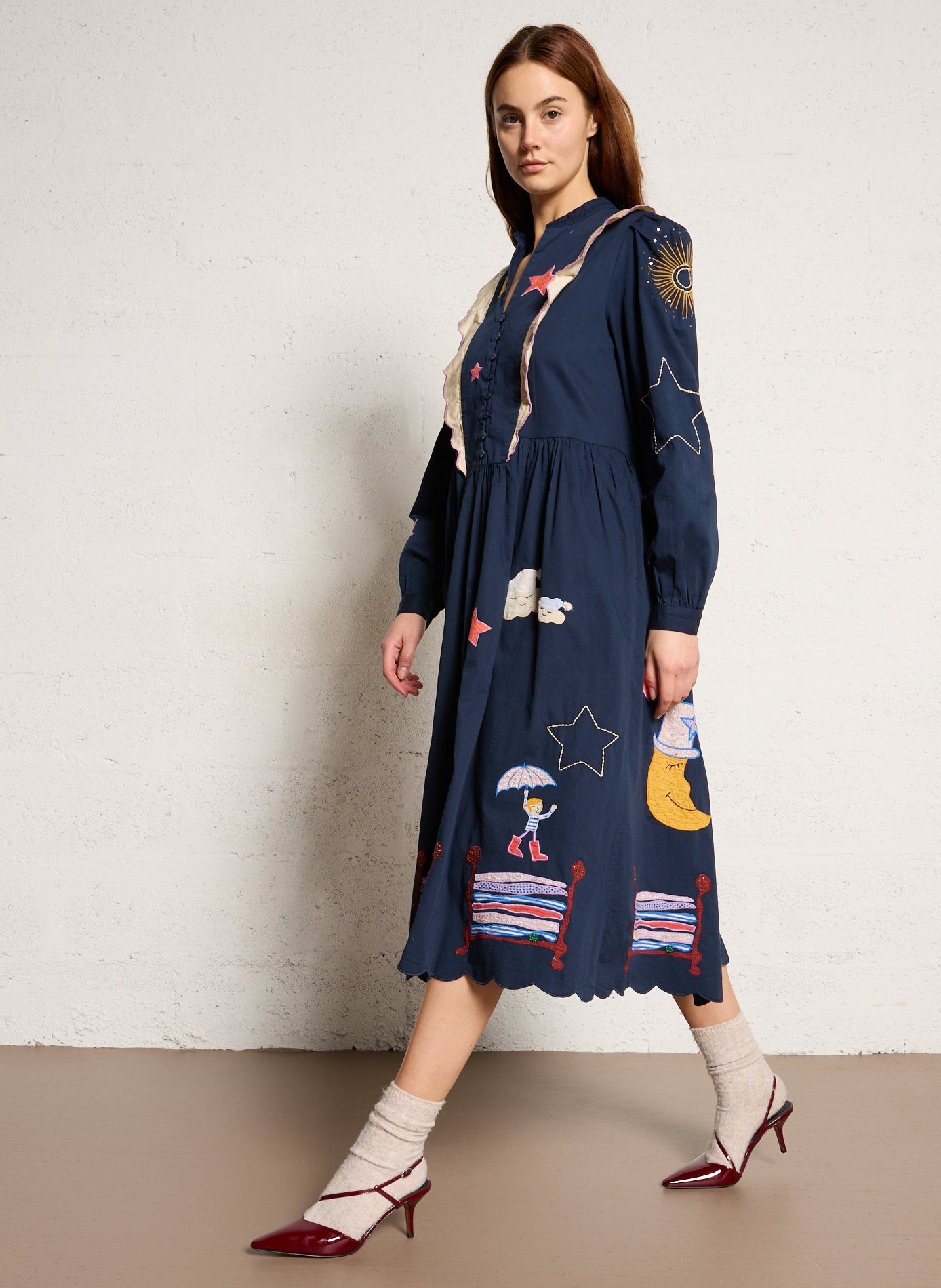 Robe longue col tunisien en coton bio STELLA NOVA Bleu