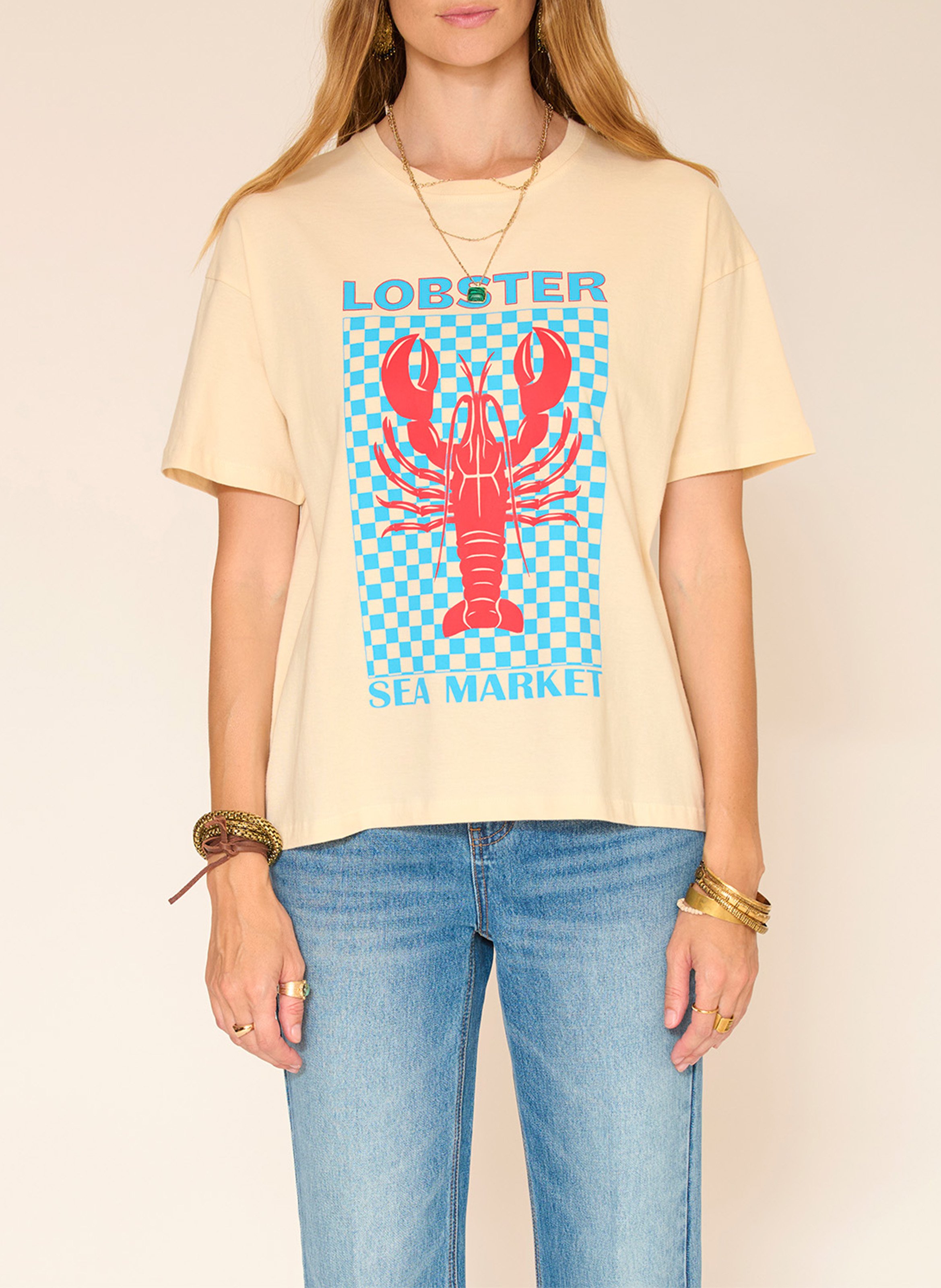 Straight round-neck cotton T-shirt with screen print MKT Beige