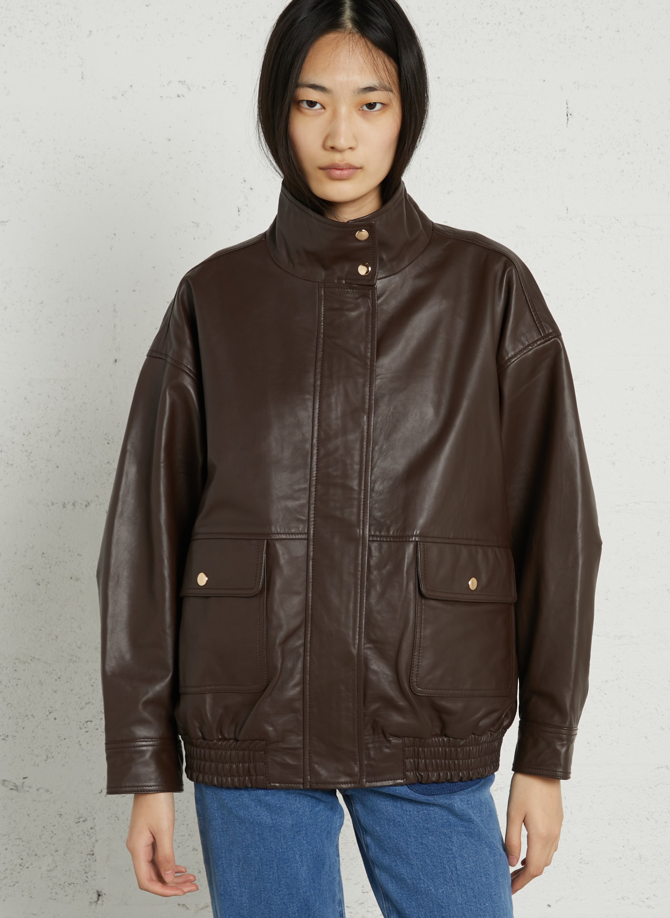 Blouson col monrant en cuir LA PETITE ETOILE Marron