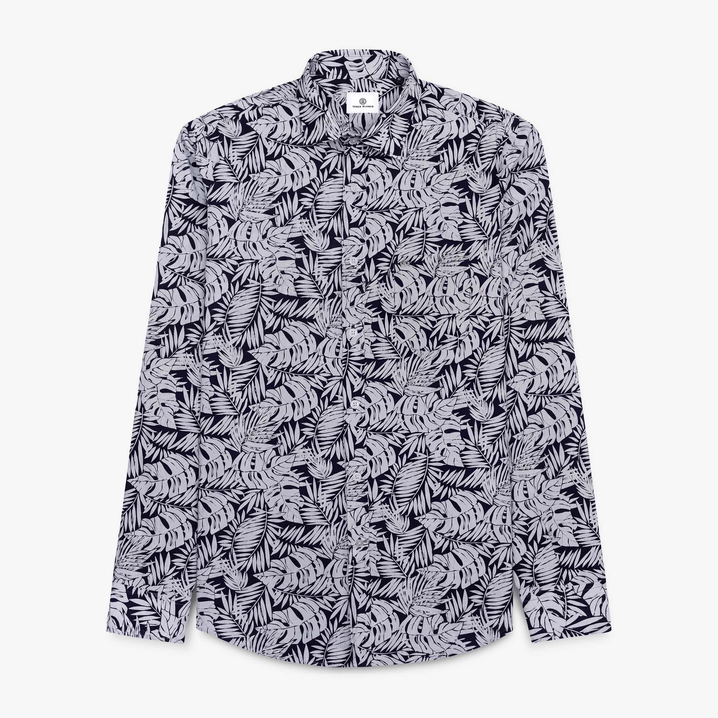 Navy blue cotton long-sleeve shirt with floral print SERGE BLANCO Blue